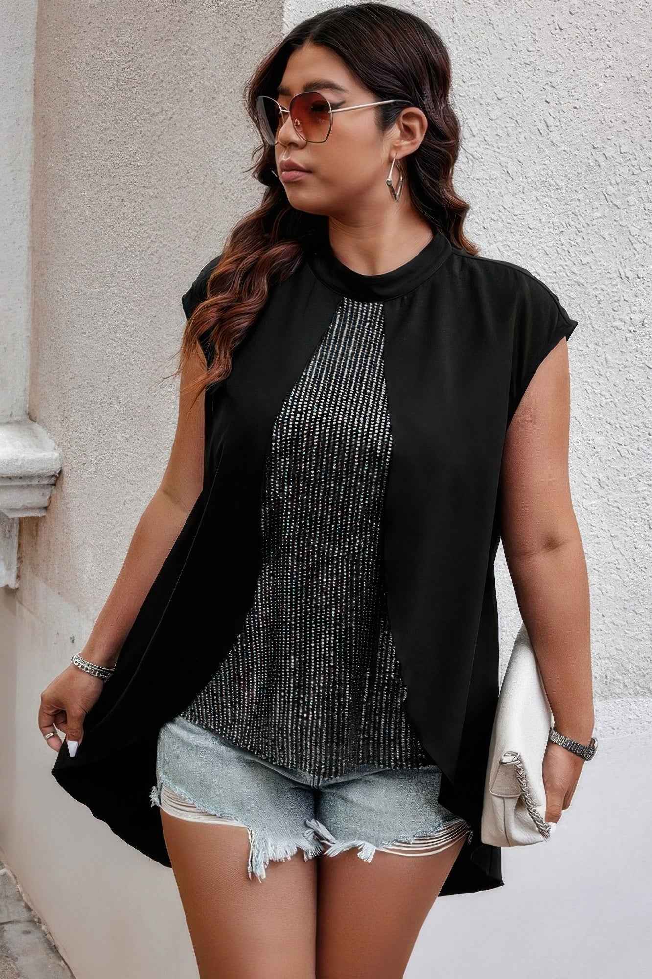 Plus Size Asymmetrical Hem Sparkly Patchwork Shirt Plus Size Asymmetrical Hem Sparkly Patchwork Shirt