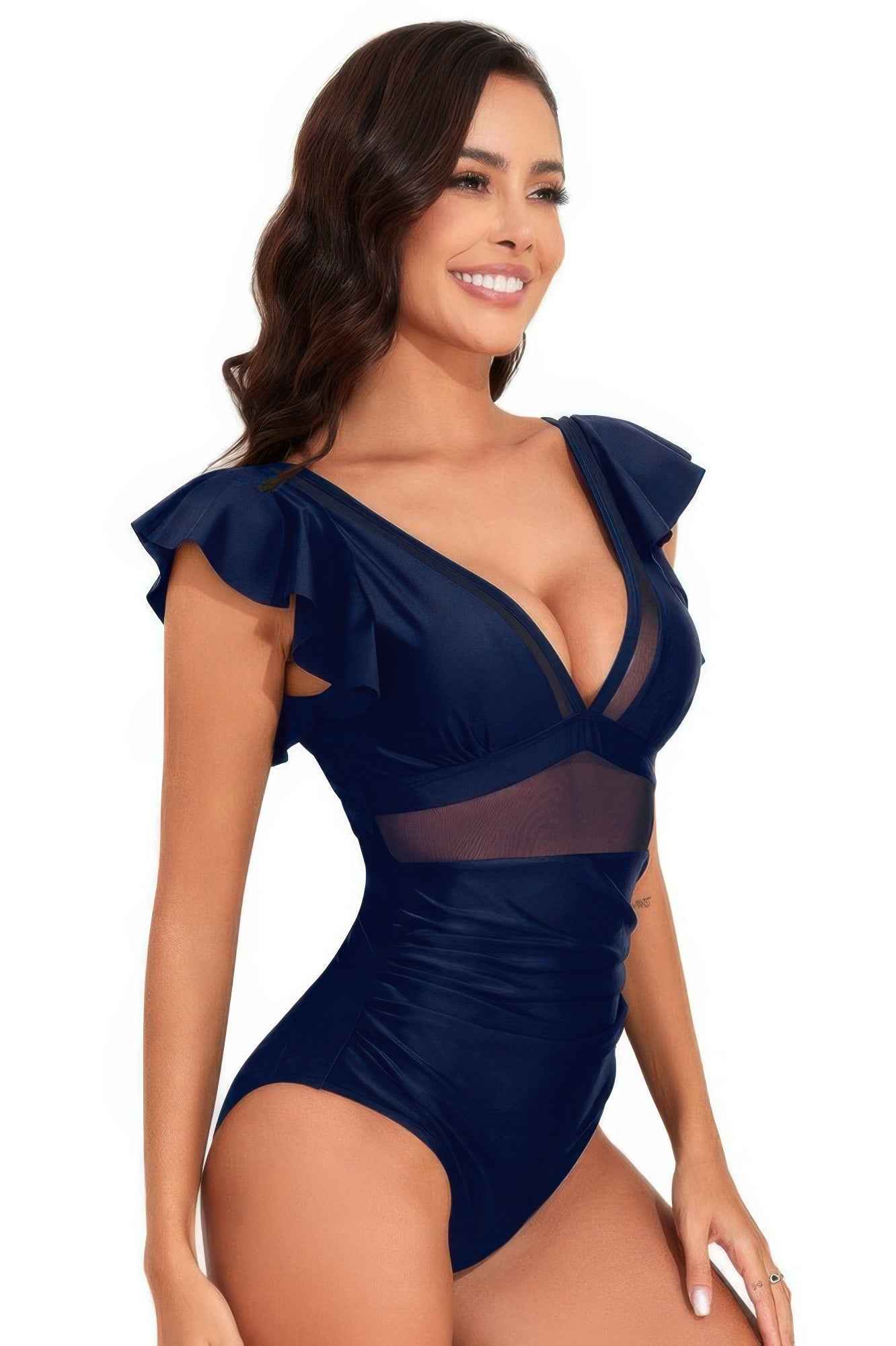 Deep V Neck Ruffle Color Block Lace Swimsuit Deep V Neck Ruffle Color Block Lace Swimsuit
