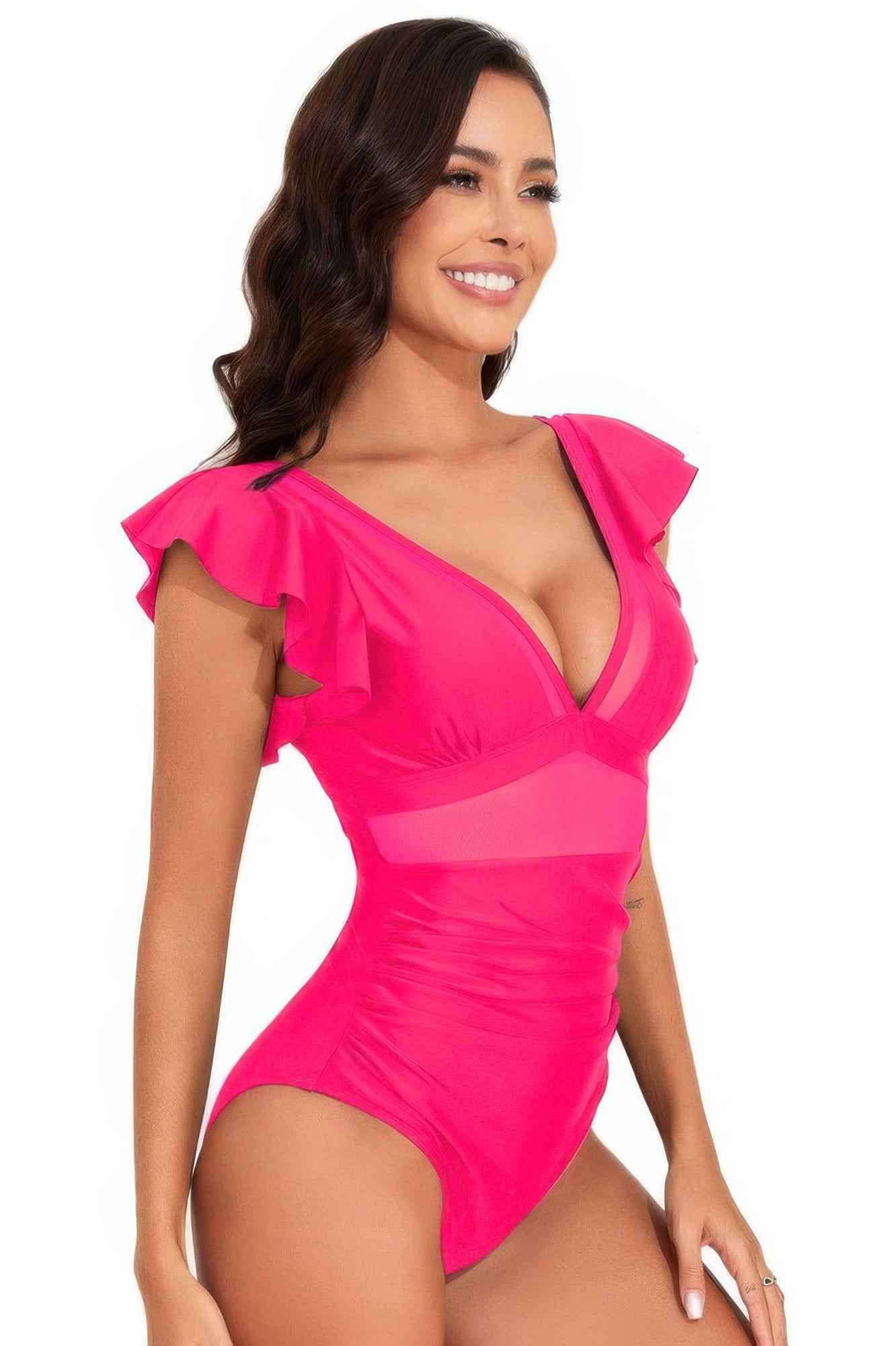 Deep V Neck Ruffle Color Block Lace Swimsuit Deep V Neck Ruffle Color Block Lace Swimsuit