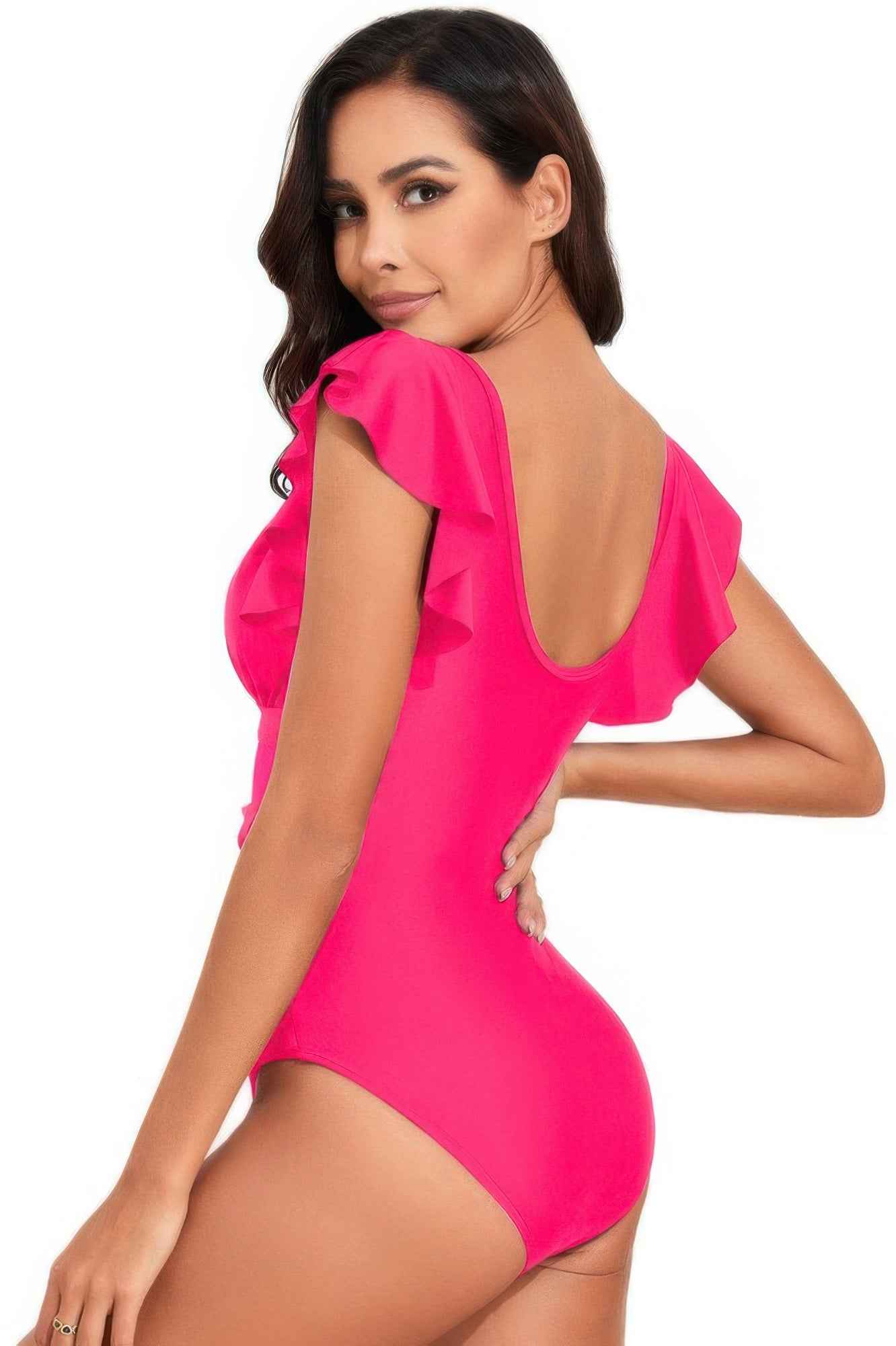 Deep V Neck Ruffle Color Block Lace Swimsuit Deep V Neck Ruffle Color Block Lace Swimsuit