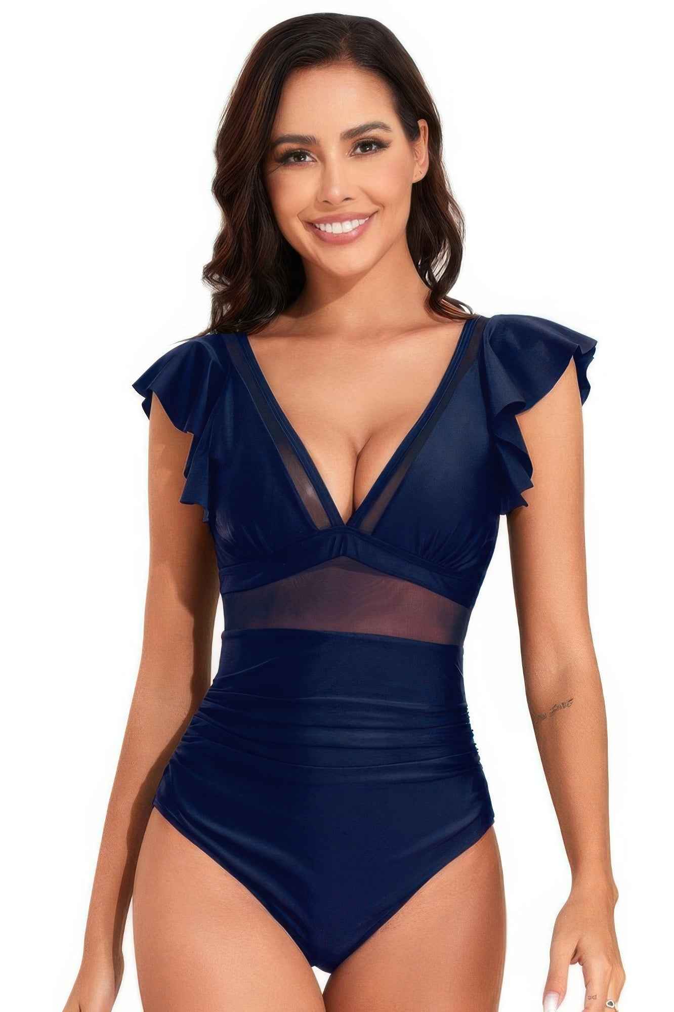 Deep V Neck Ruffle Color Block Lace Swimsuit Deep V Neck Ruffle Color Block Lace Swimsuit