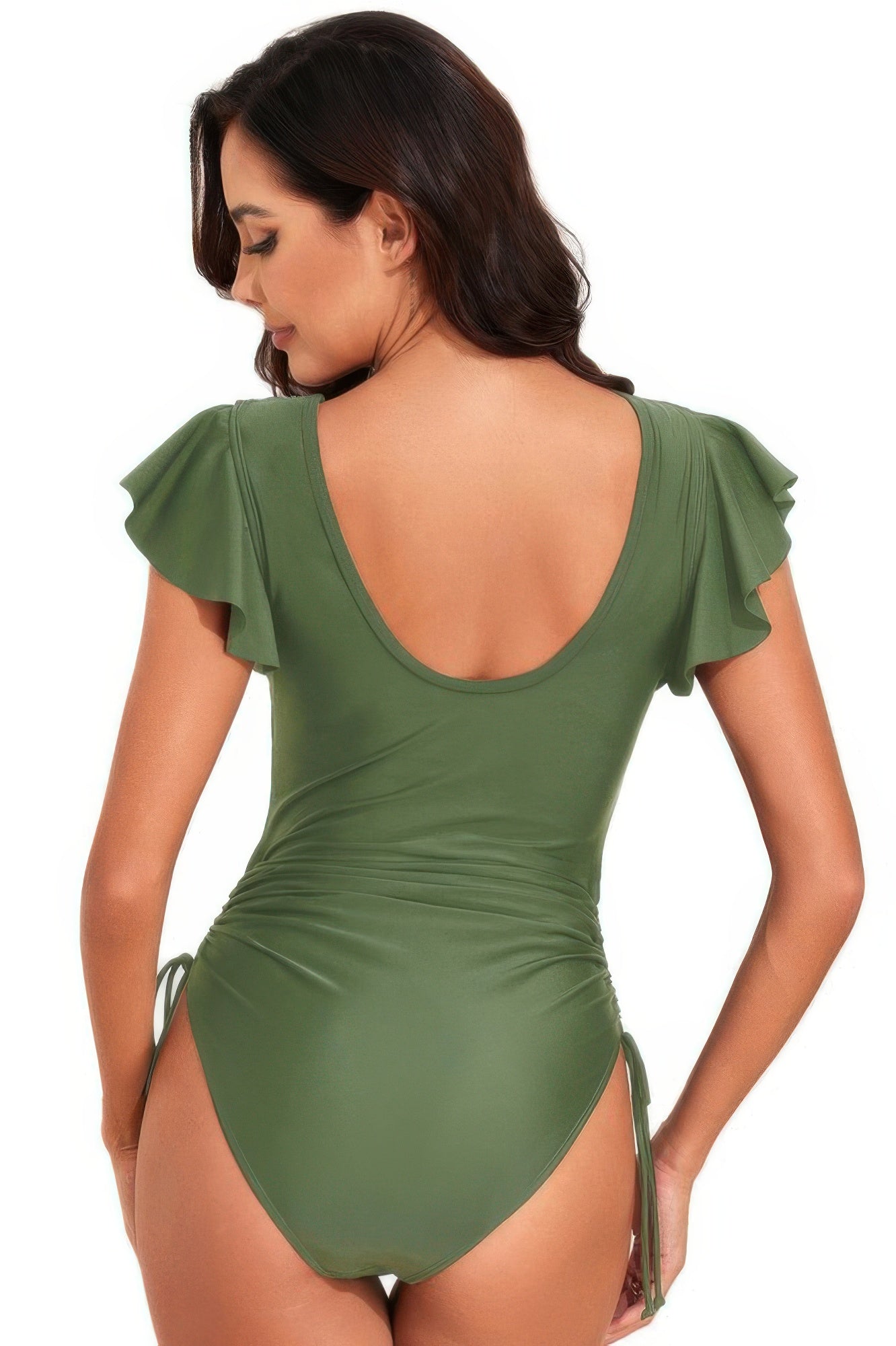 Ruffle Sleeves Lace Color Block Ruched Swimsuit product image