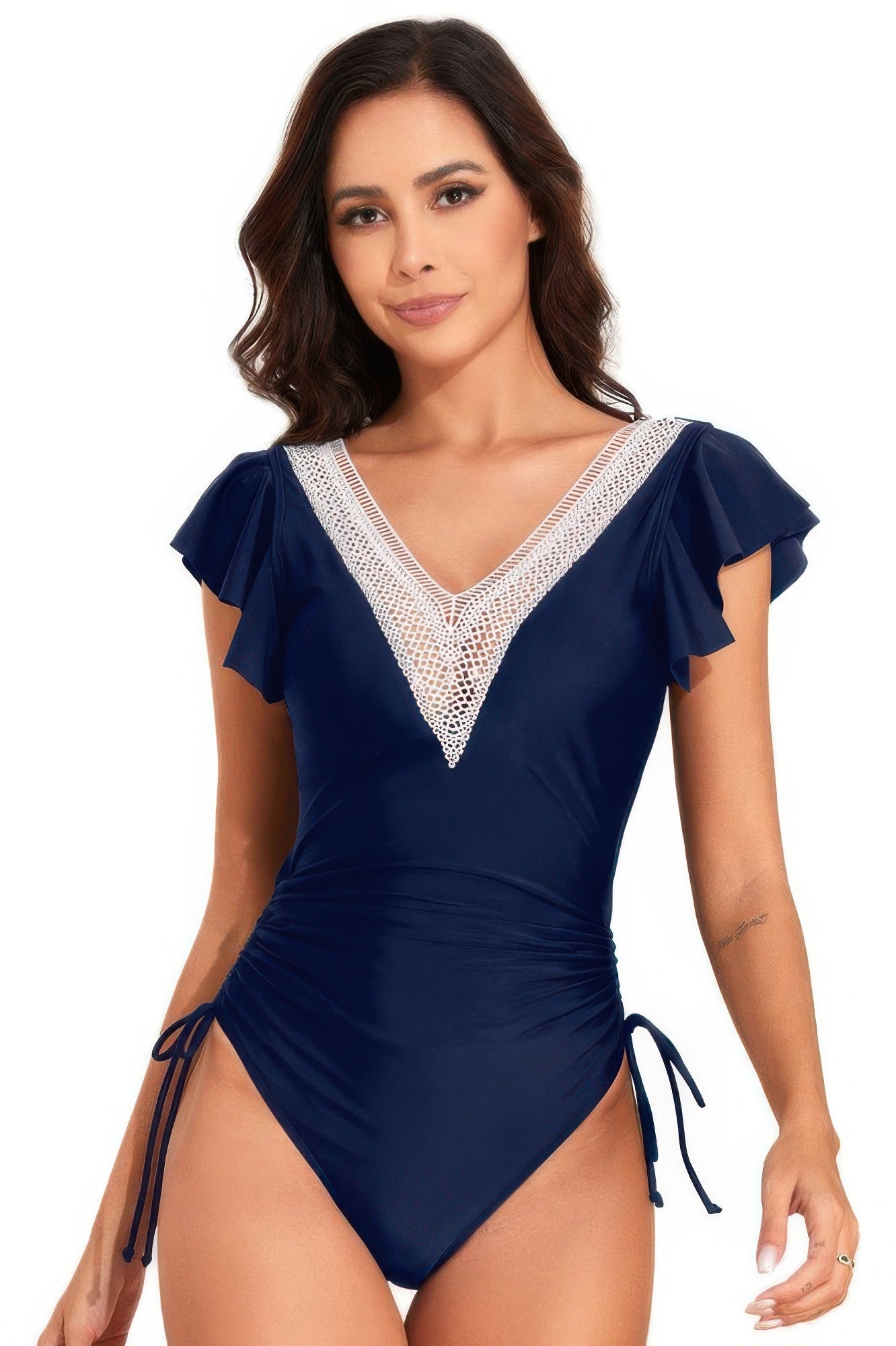 Ruffle Sleeves Lace Color Block Ruched Swimsuit product image