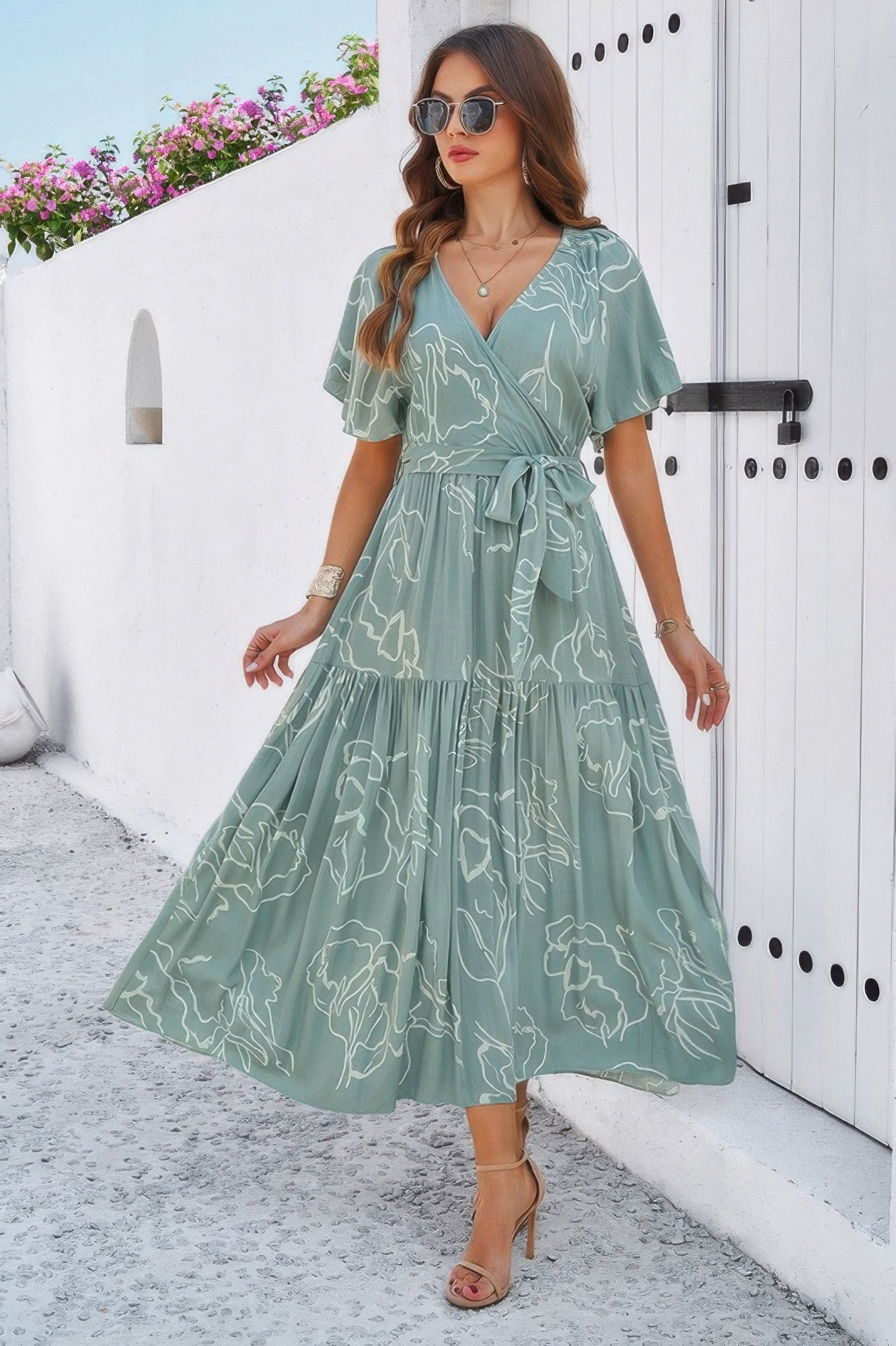 Allover Print V Neck Fit Belt A Line Long Dress product image