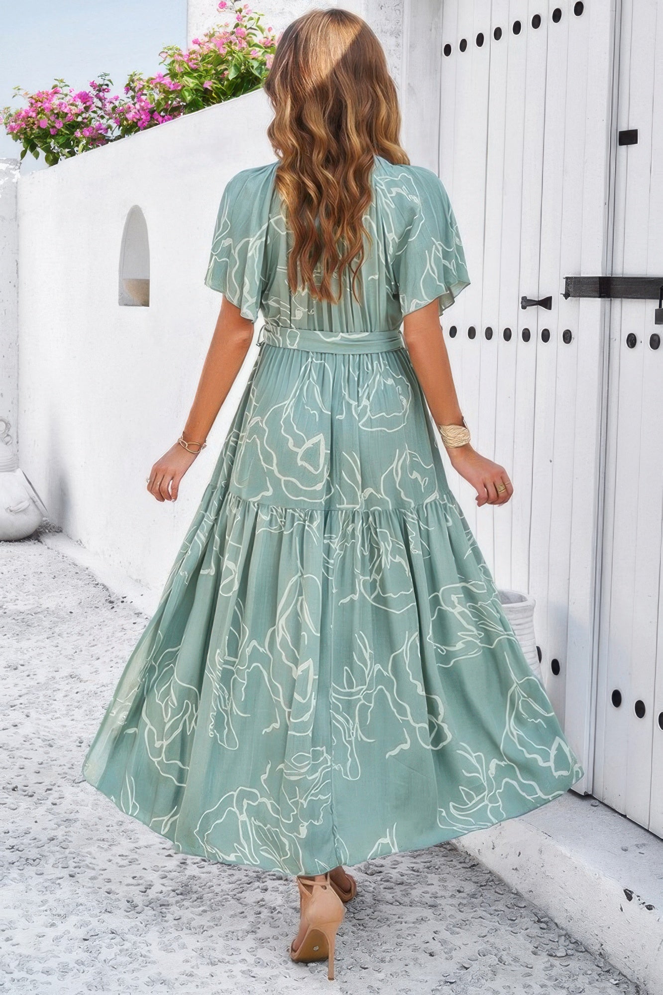 Allover Print V Neck Fit Belt A Line Long Dress product image