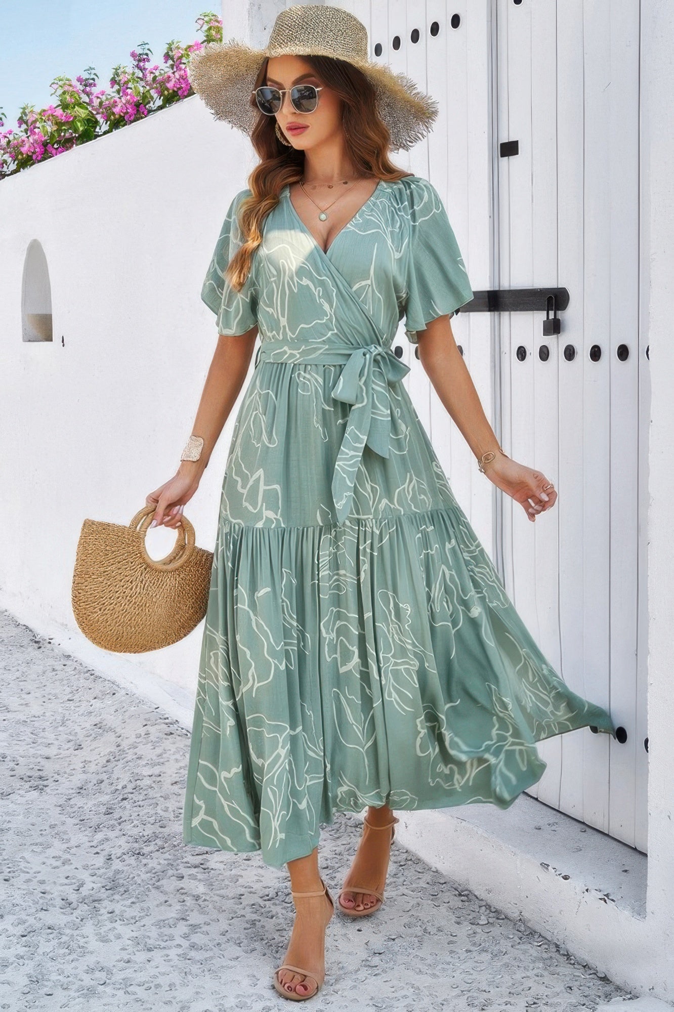 Allover Print V Neck Fit Belt A Line Long Dress product image