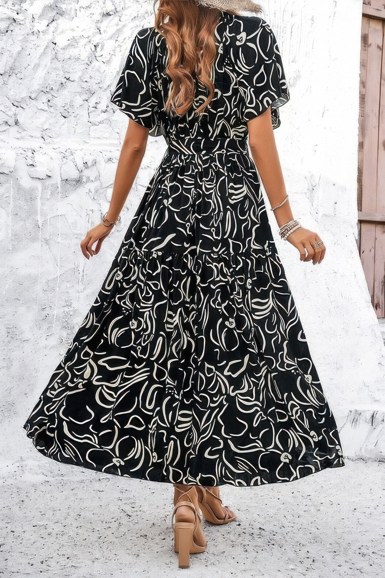 Allover Print V Neck Fit Belt A Line Long Dress product image