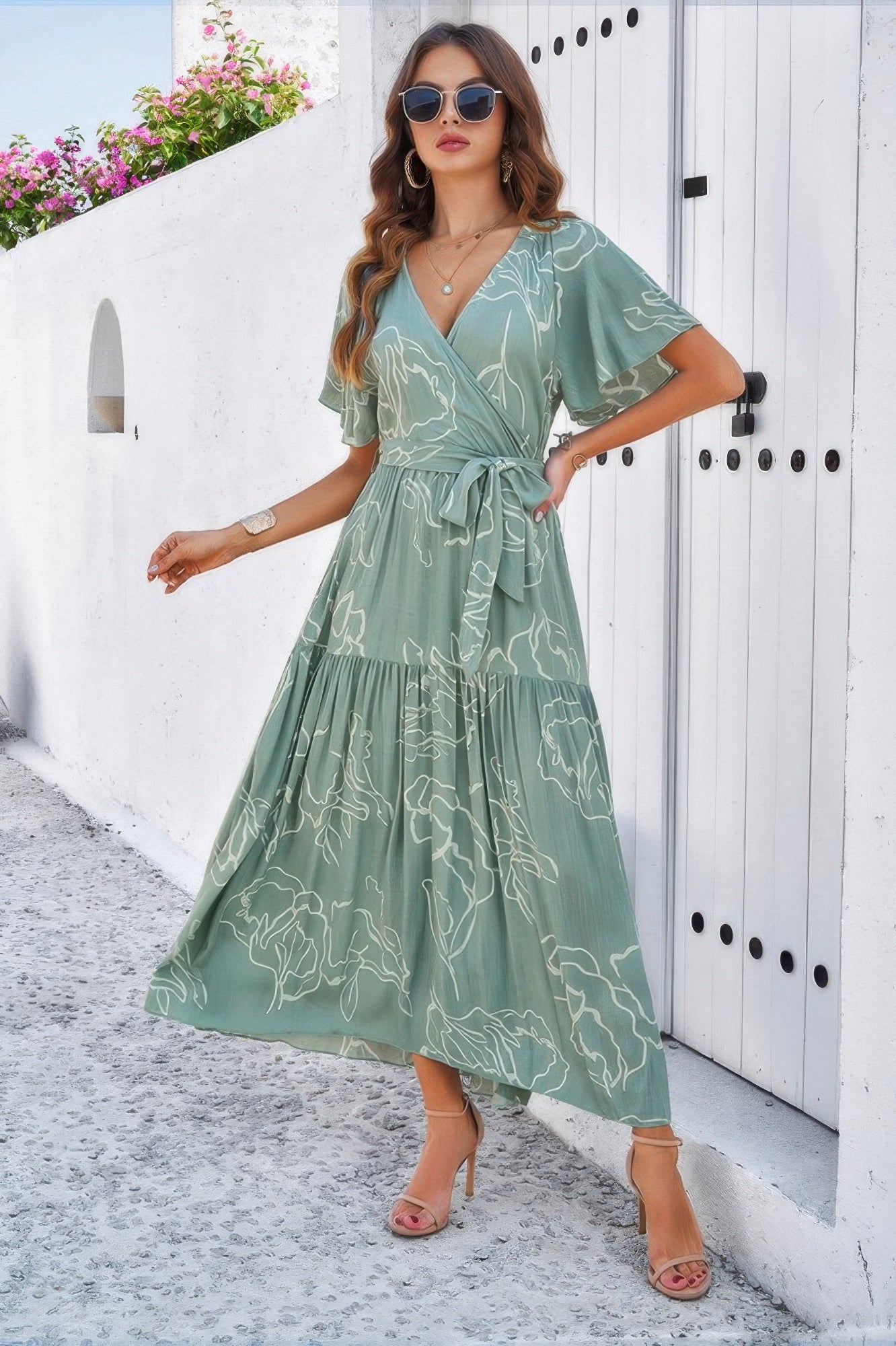 Allover Print V Neck Fit Belt A Line Long Dress product image