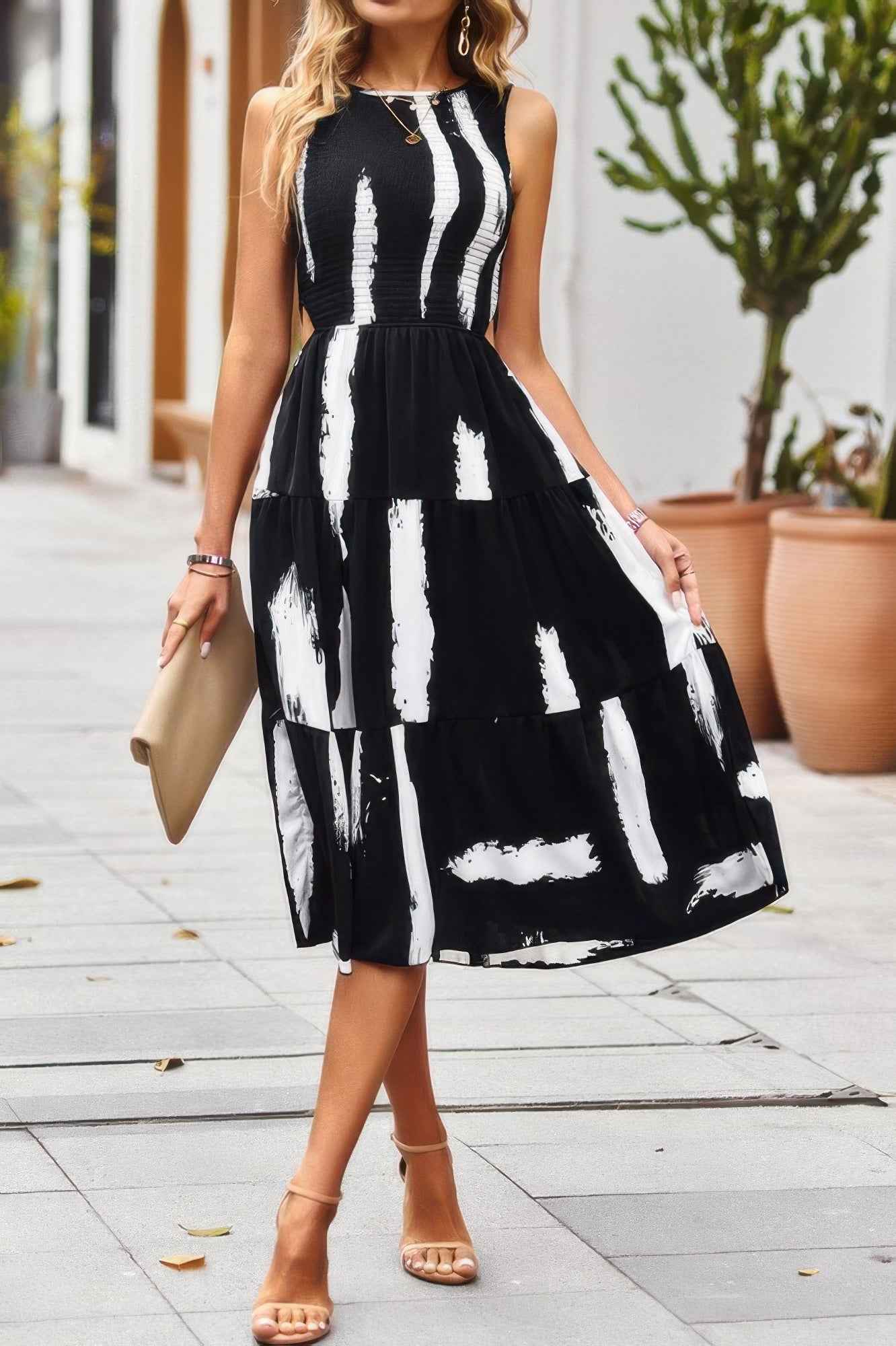 Cut Out Ruched Fit Sleeveless Ruffle Dress Cut Out Ruched Fit Sleeveless Ruffle Dress