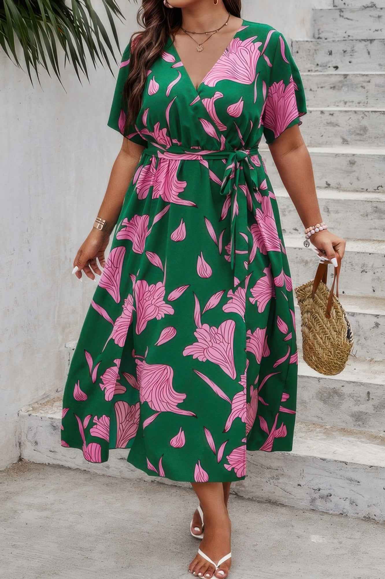 Plus Floral Short Sleeve Split Belted Midi Dress Plus Floral Short Sleeve Split Belted Midi Dress