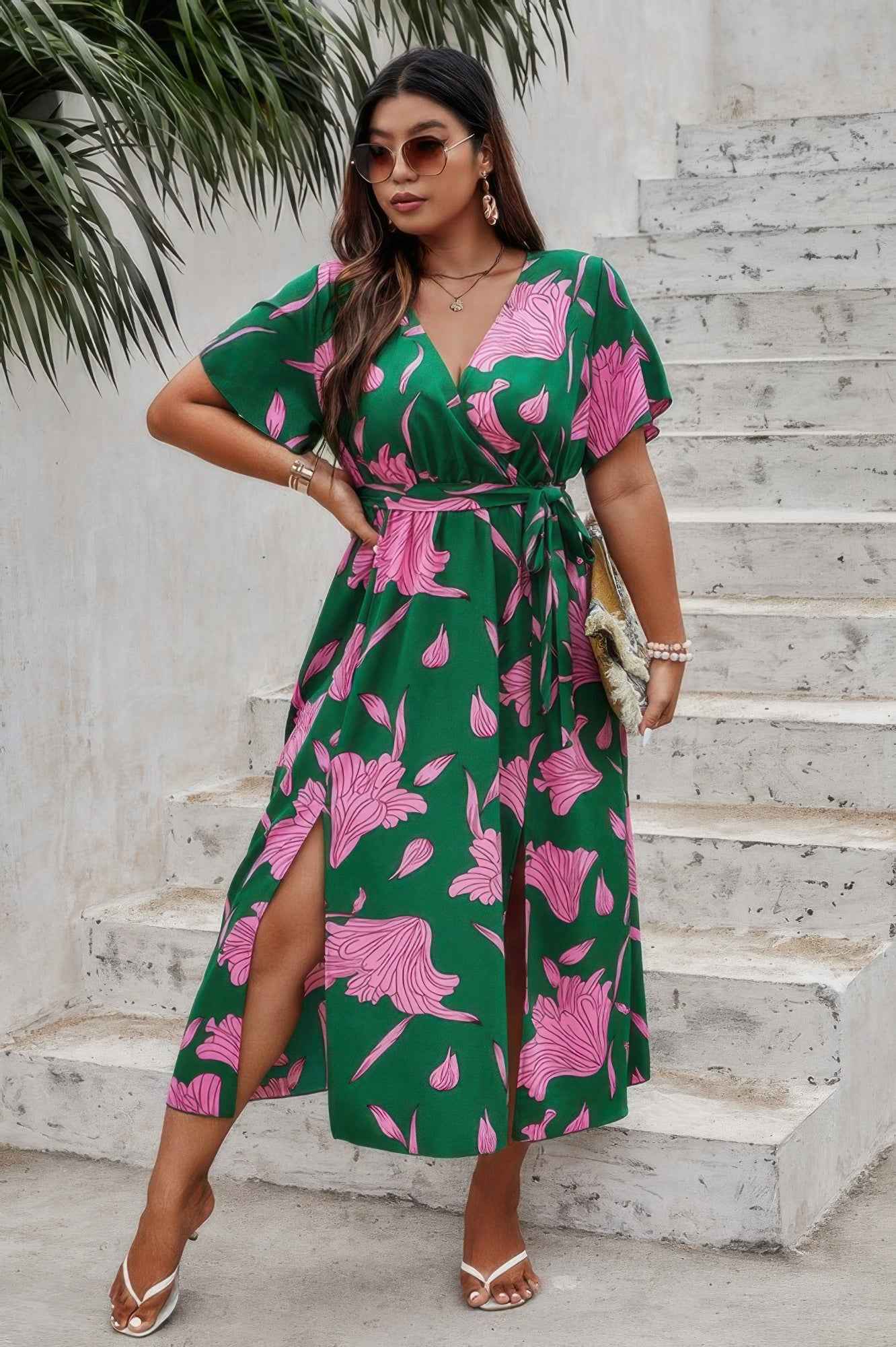 Plus Floral Short Sleeve Split Belted Midi Dress Plus Floral Short Sleeve Split Belted Midi Dress
