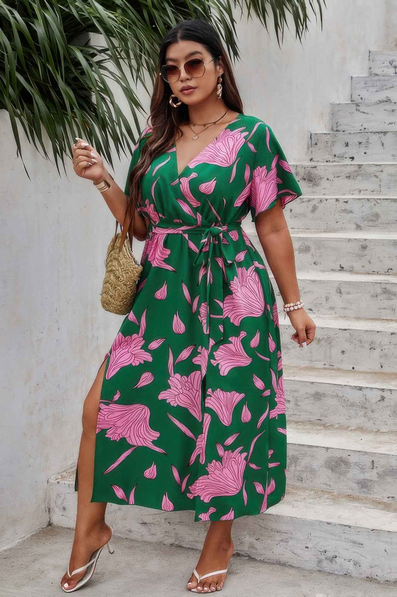Plus Floral Short Sleeve Split Belted Midi Dress Plus Floral Short Sleeve Split Belted Midi Dress