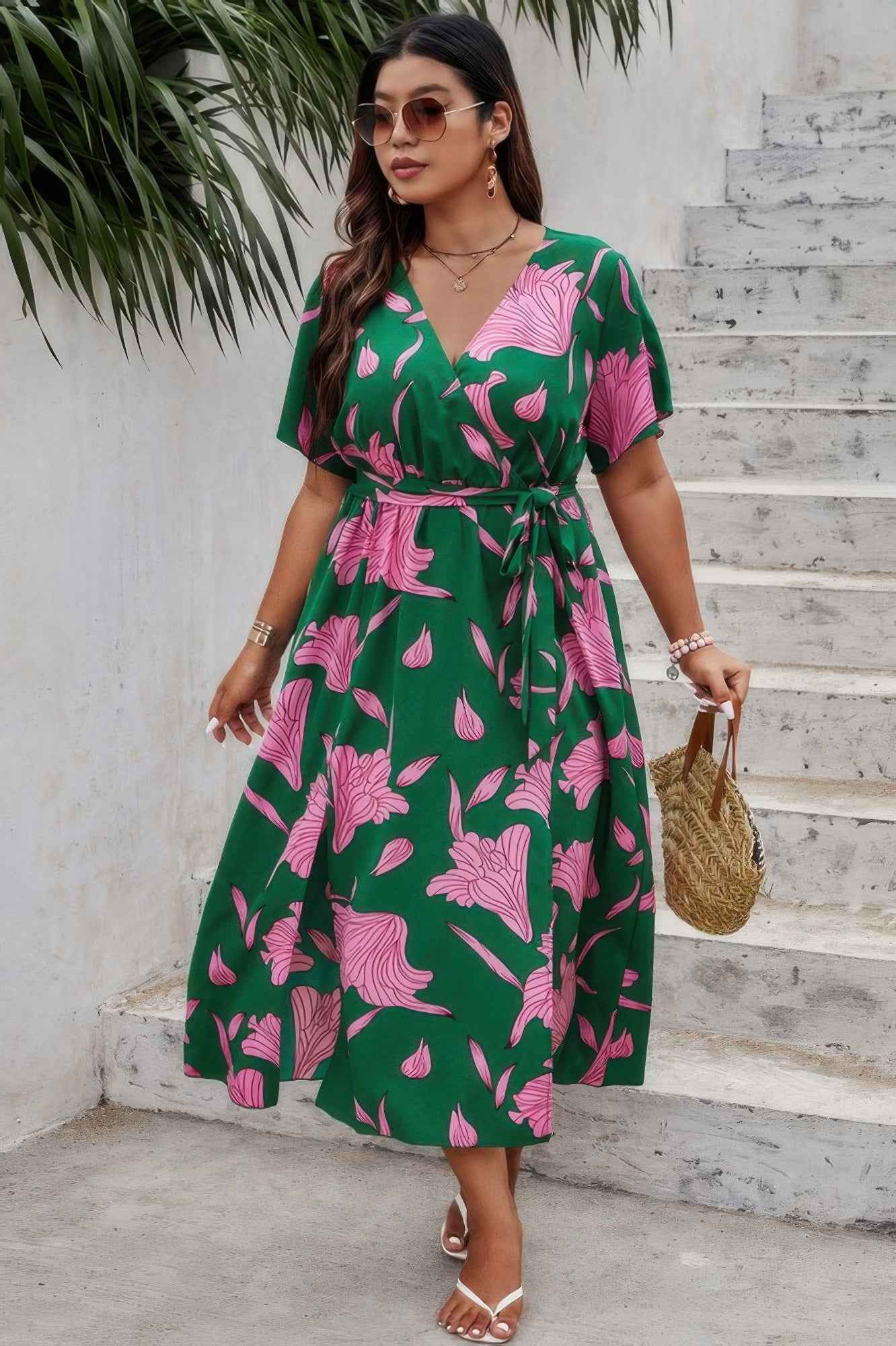 Plus Floral Short Sleeve Split Belted Midi Dress Plus Floral Short Sleeve Split Belted Midi Dress