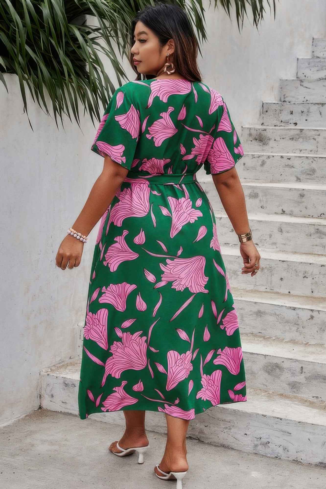 Plus Floral Short Sleeve Split Belted Midi Dress Plus Floral Short Sleeve Split Belted Midi Dress