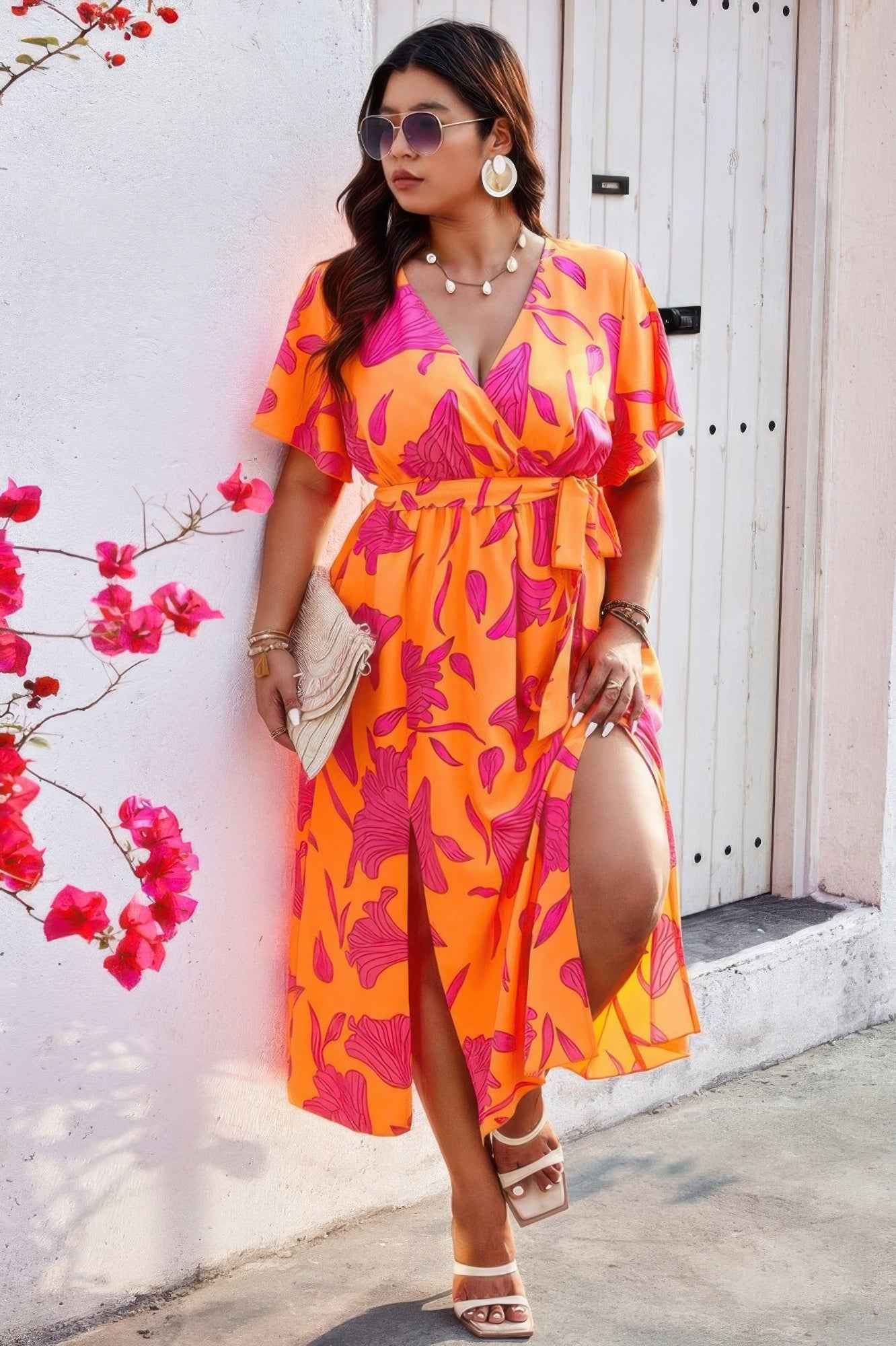 Plus Floral Short Sleeve Split Belted Midi Dress Plus Floral Short Sleeve Split Belted Midi Dress