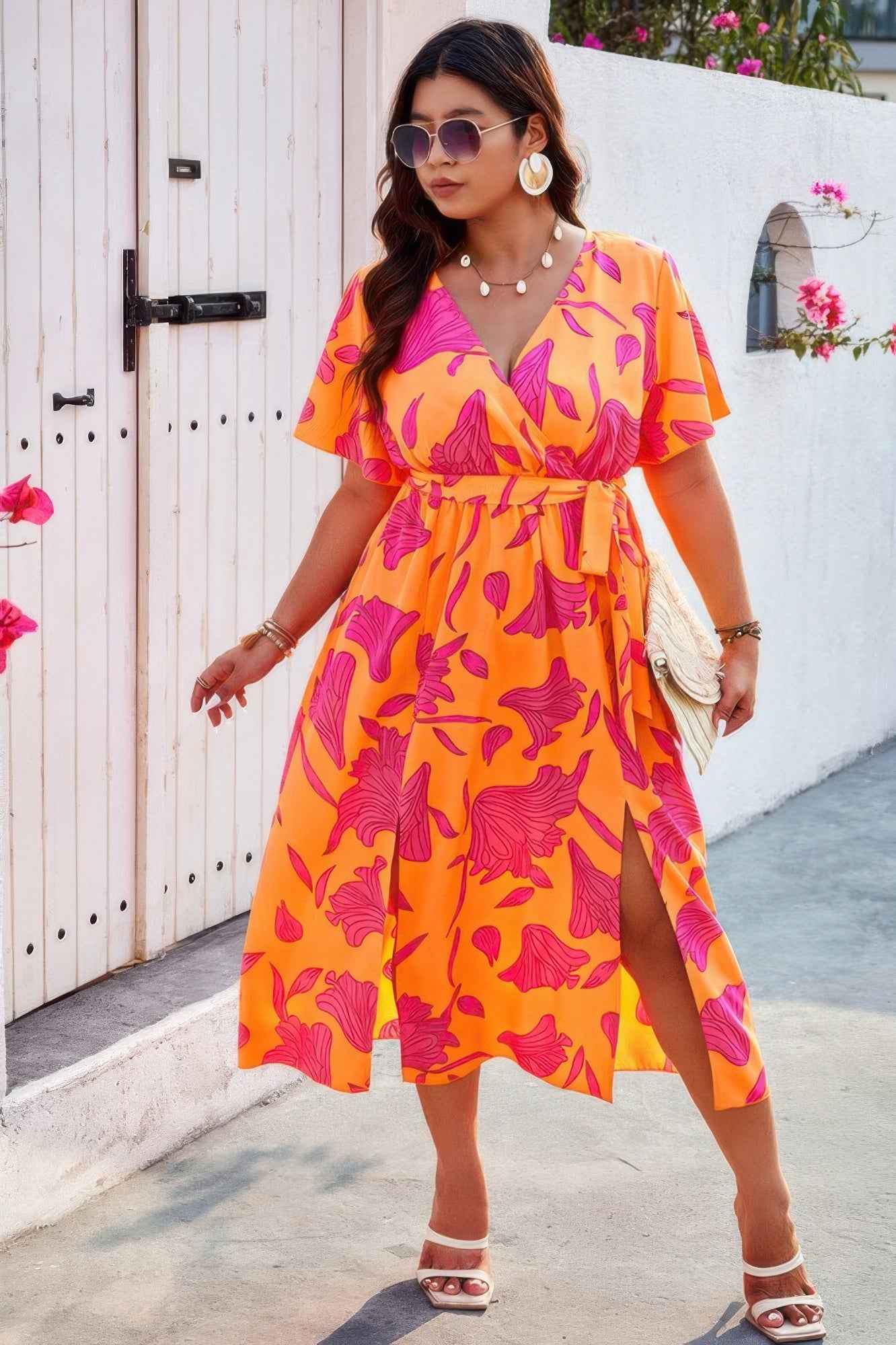 Plus Floral Short Sleeve Split Belted Midi Dress Plus Floral Short Sleeve Split Belted Midi Dress