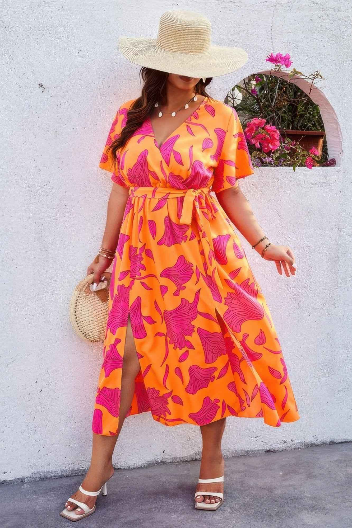 Plus Floral Short Sleeve Split Belted Midi Dress Plus Floral Short Sleeve Split Belted Midi Dress