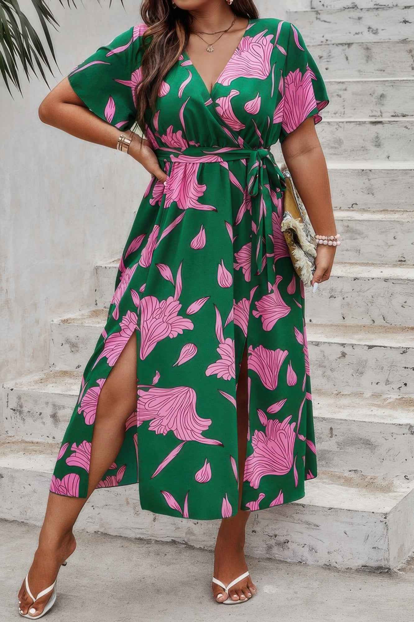 Plus Floral Short Sleeve Split Belted Midi Dress Plus Floral Short Sleeve Split Belted Midi Dress