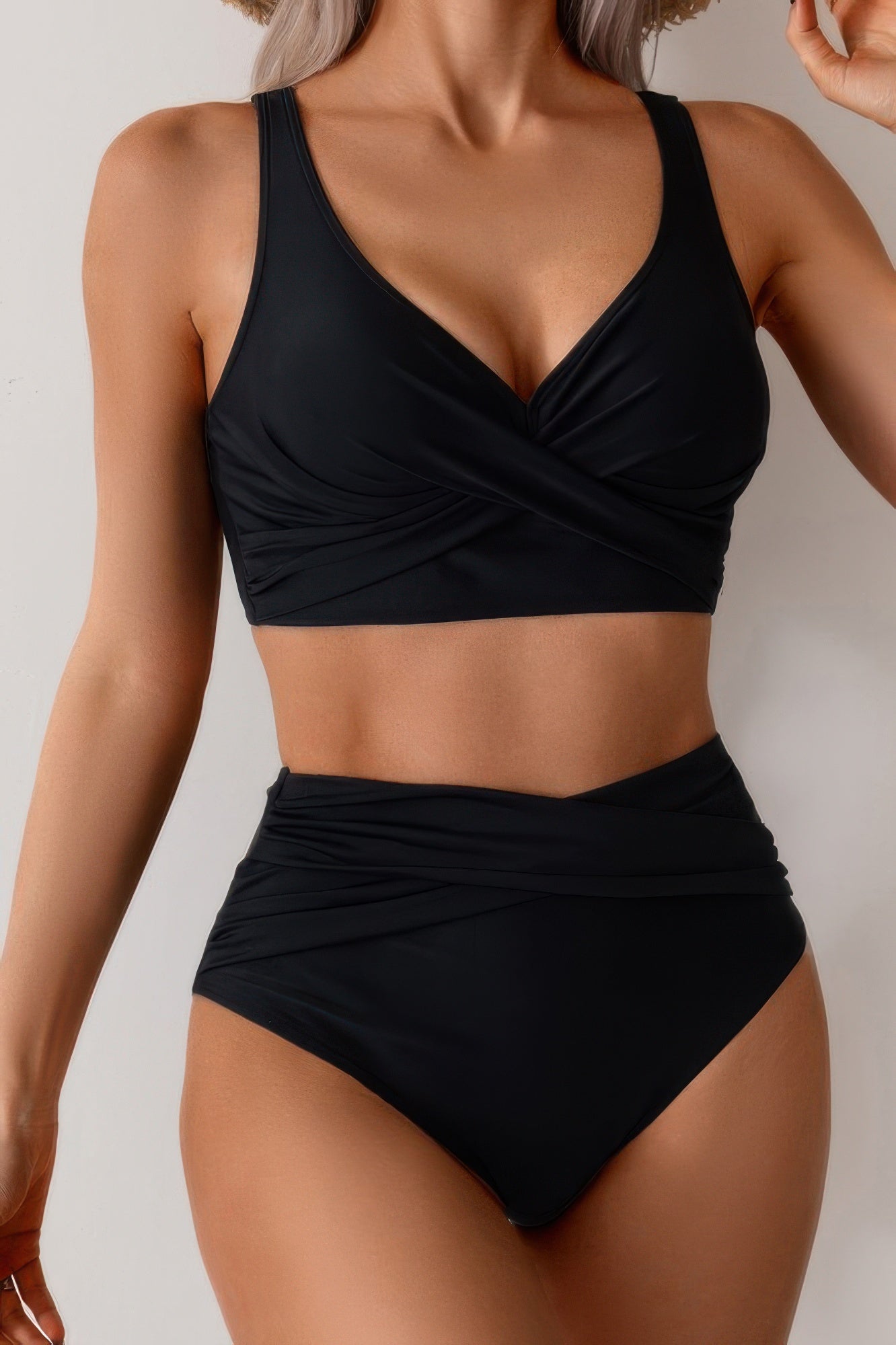 Solid Ruched High Waist Cross Push Up Swimsuit product image