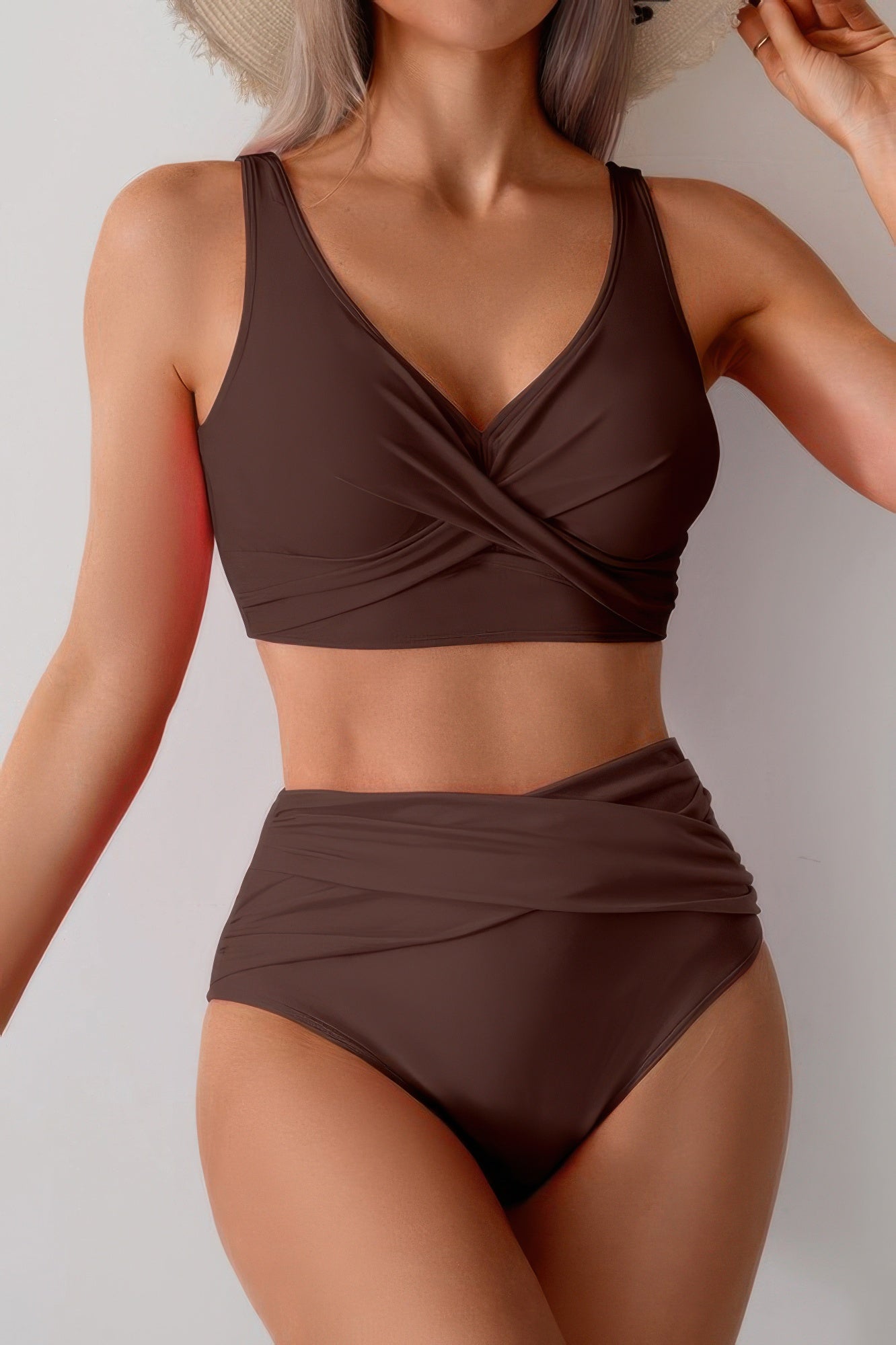 Solid Ruched High Waist Cross Push Up Swimsuit product image