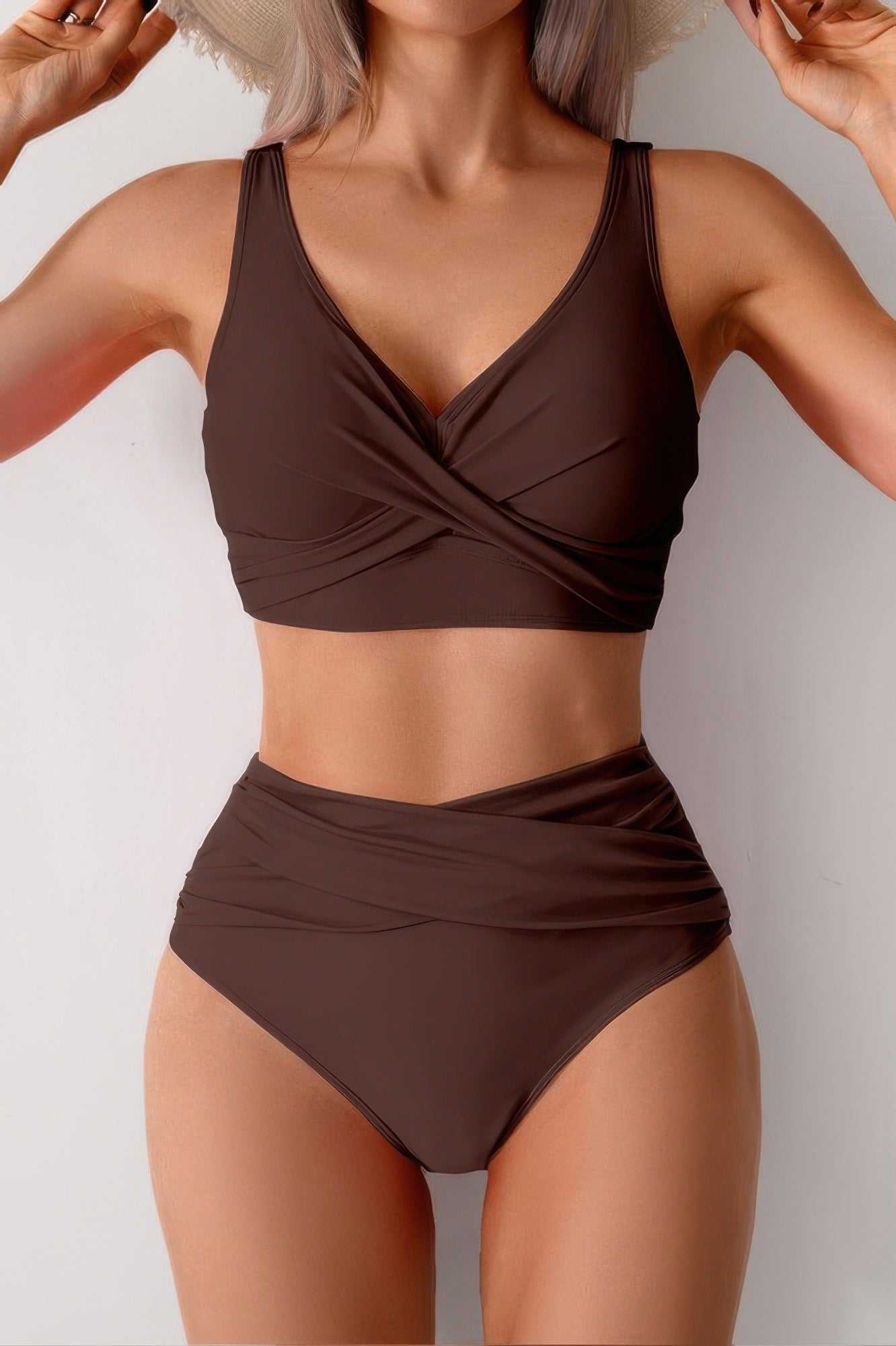 Solid Ruched High Waist Cross Push Up Swimsuit product image