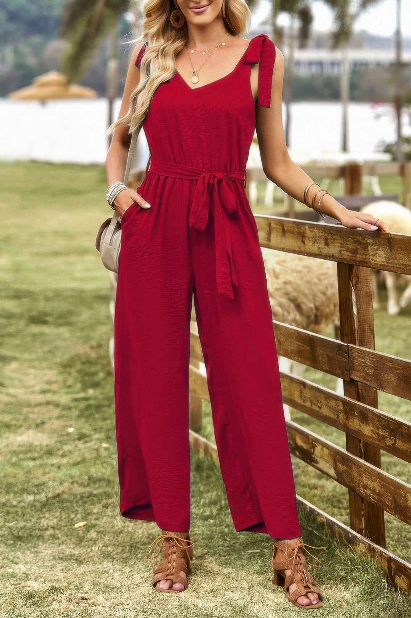 Solid Belt V Neck Wide Leg Fit Jumpsuit Solid Belt V Neck Wide Leg Fit Jumpsuit
