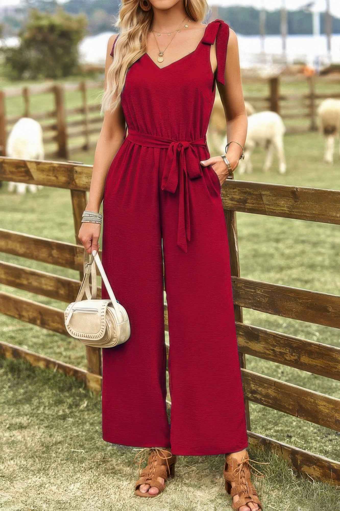 Solid Belt V Neck Wide Leg Fit Jumpsuit Solid Belt V Neck Wide Leg Fit Jumpsuit