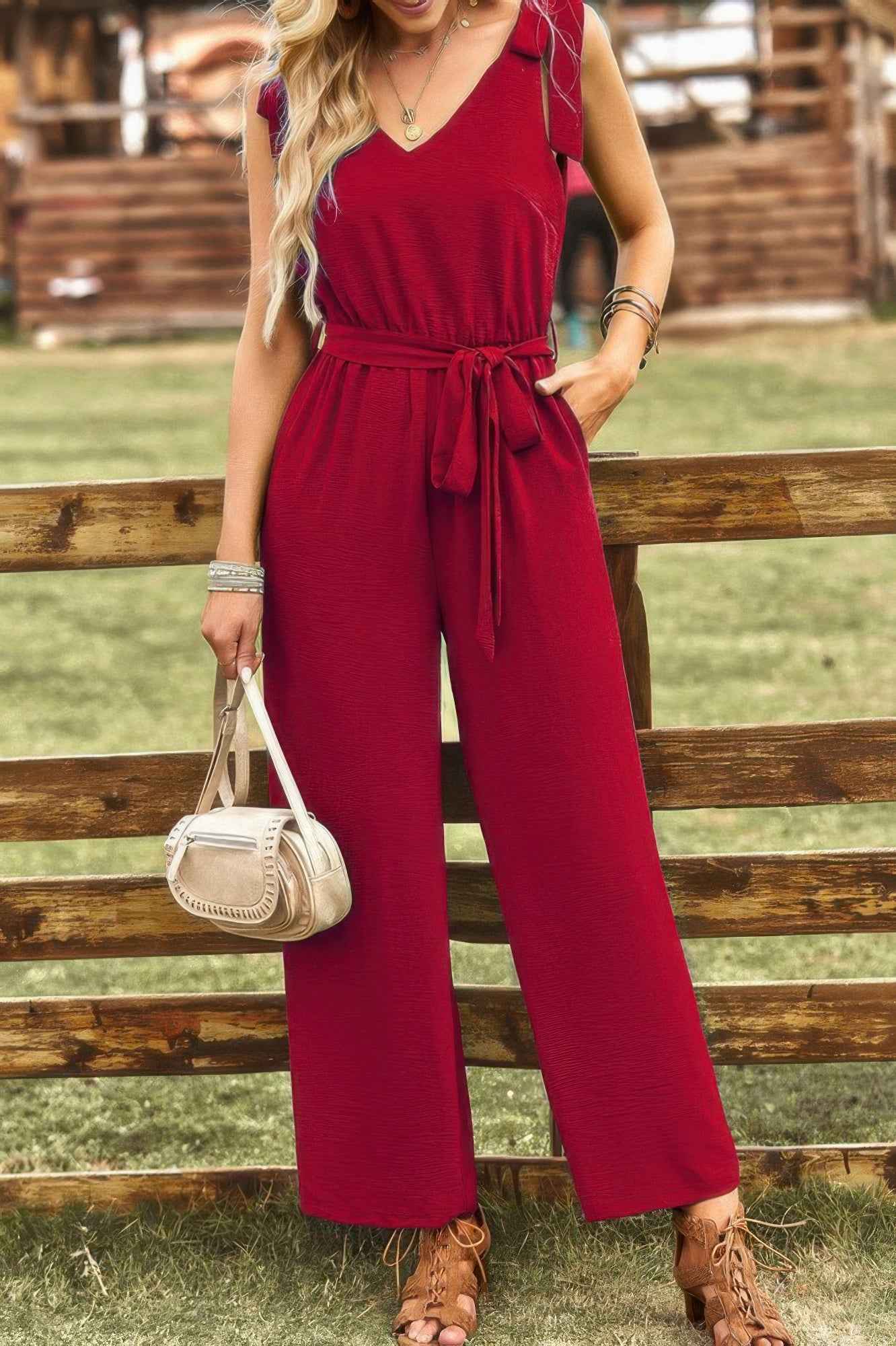 Solid Belt V Neck Wide Leg Fit Jumpsuit Solid Belt V Neck Wide Leg Fit Jumpsuit