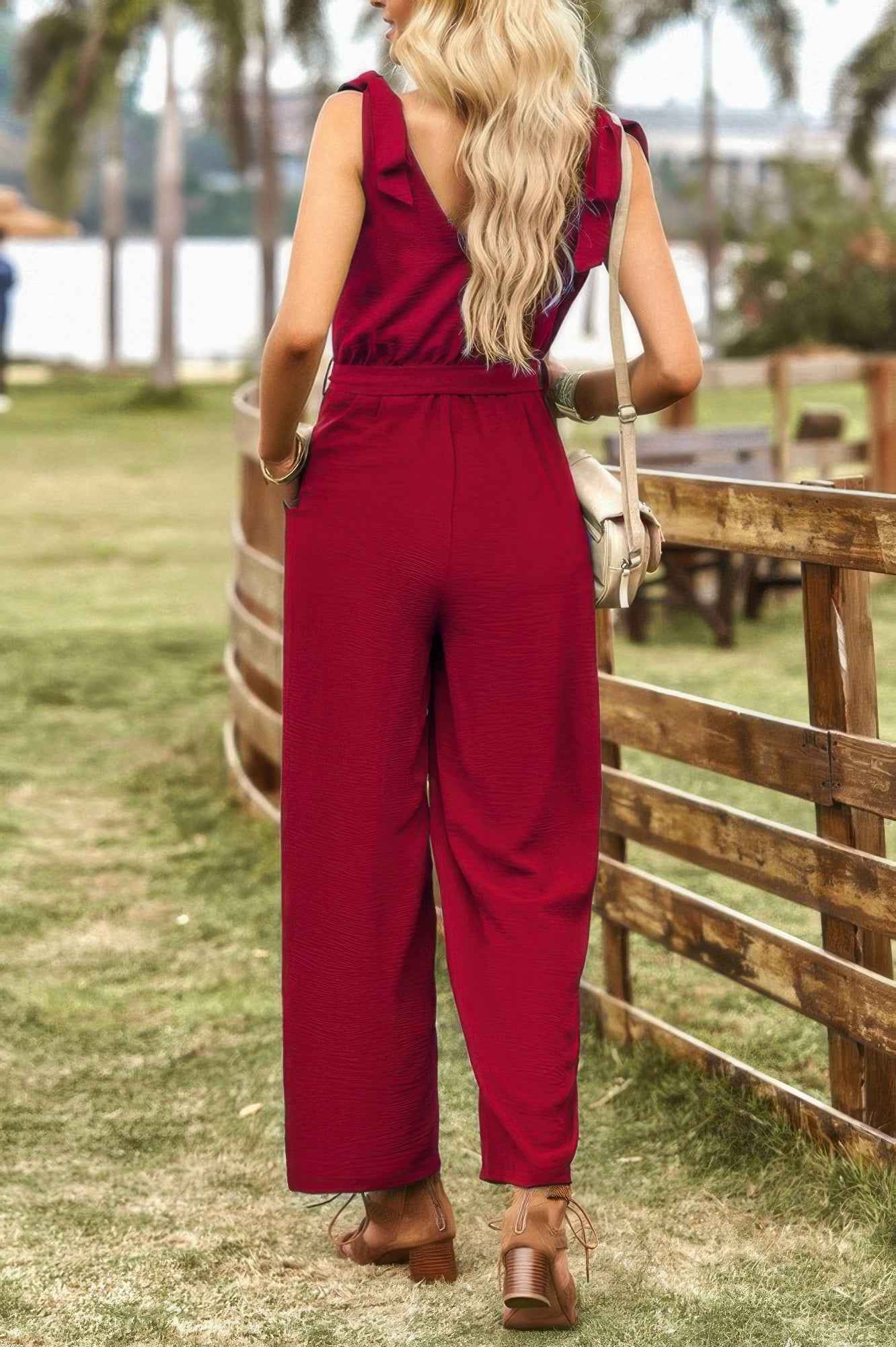 Solid Belt V Neck Wide Leg Fit Jumpsuit Solid Belt V Neck Wide Leg Fit Jumpsuit