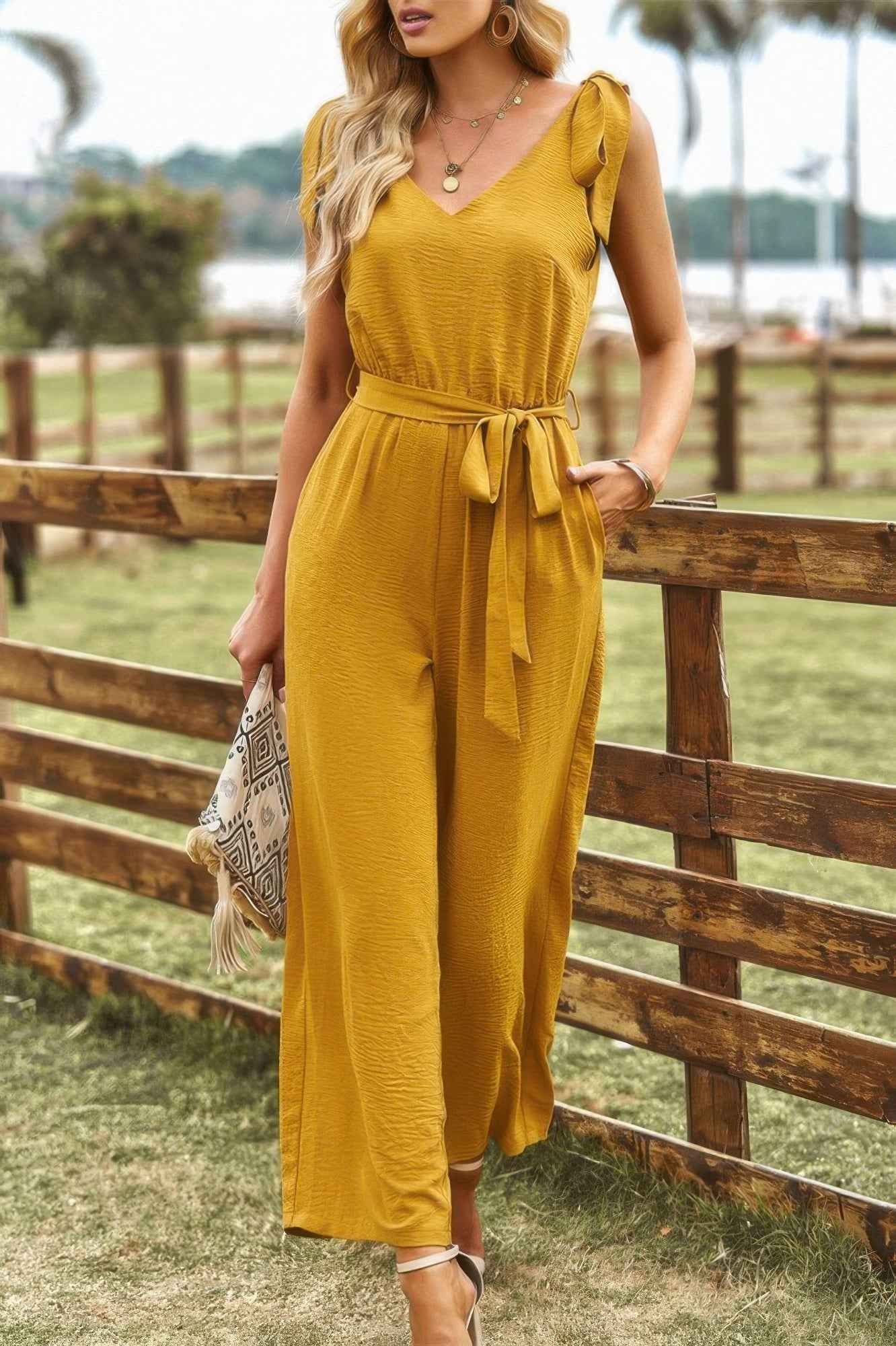 Solid Belt V Neck Wide Leg Fit Jumpsuit Solid Belt V Neck Wide Leg Fit Jumpsuit