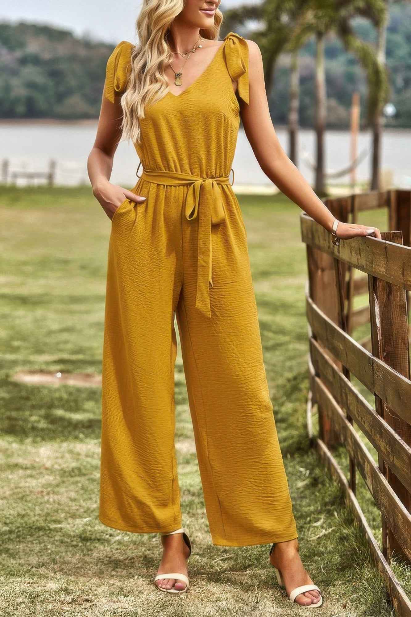 Solid Belt V Neck Wide Leg Fit Jumpsuit Solid Belt V Neck Wide Leg Fit Jumpsuit