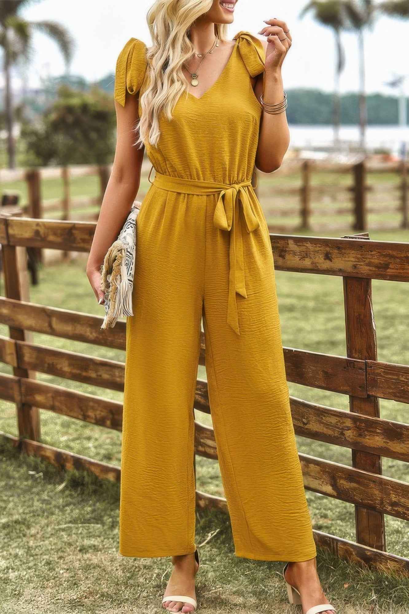 Solid Belt V Neck Wide Leg Fit Jumpsuit Solid Belt V Neck Wide Leg Fit Jumpsuit
