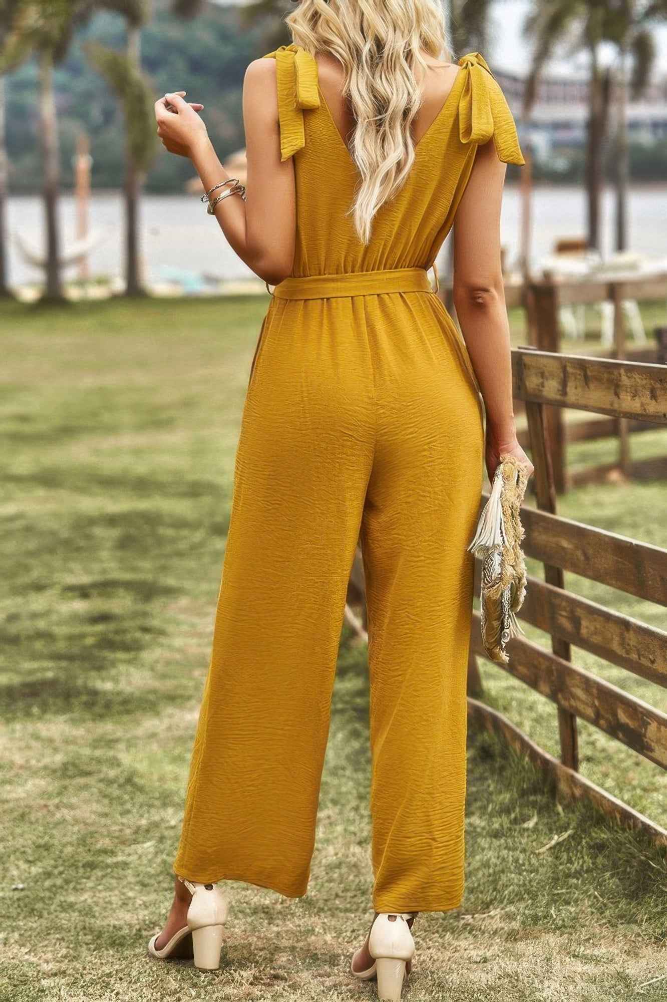 Solid Belt V Neck Wide Leg Fit Jumpsuit Solid Belt V Neck Wide Leg Fit Jumpsuit