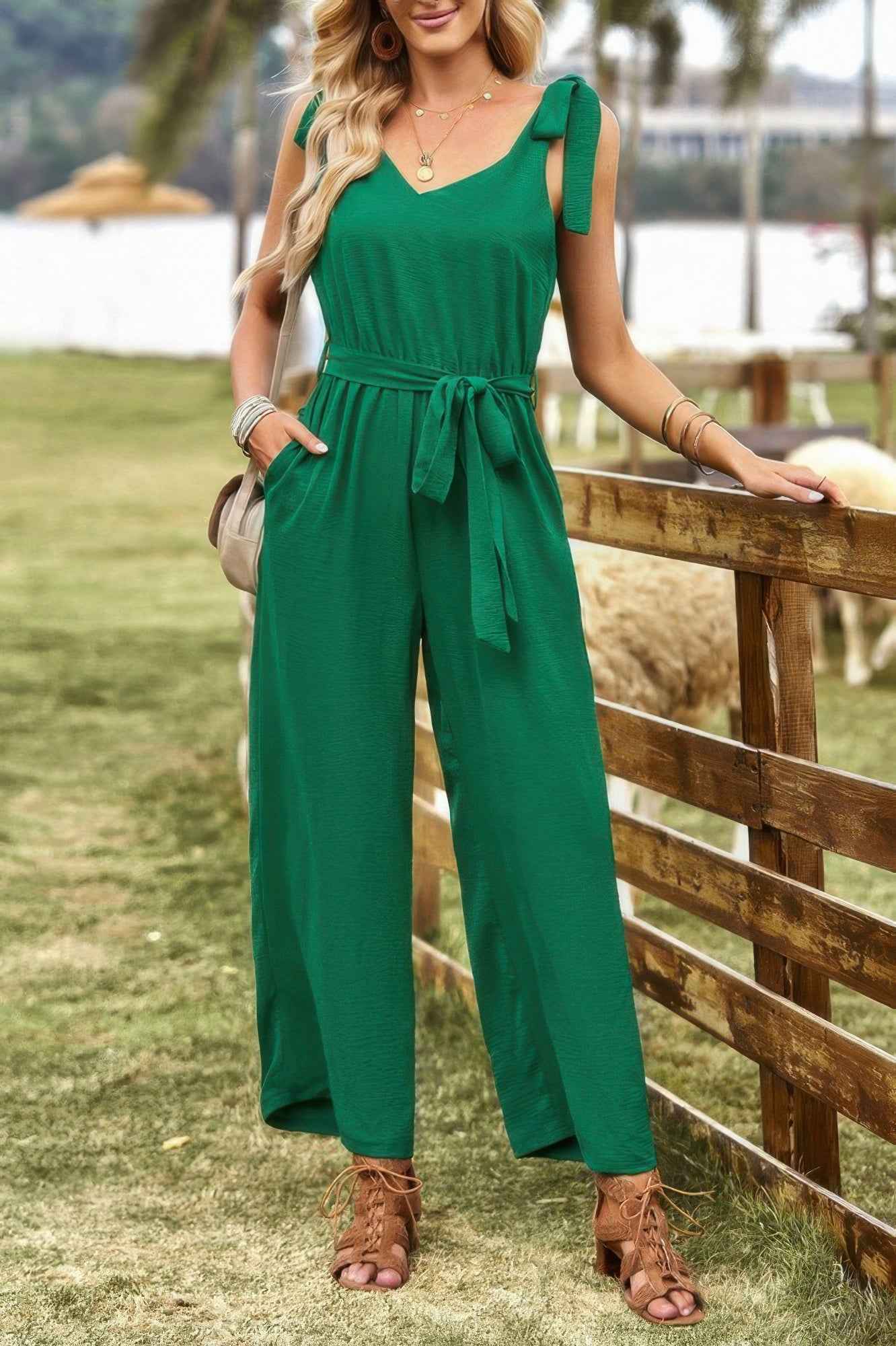 Solid Belt V Neck Wide Leg Fit Jumpsuit Solid Belt V Neck Wide Leg Fit Jumpsuit
