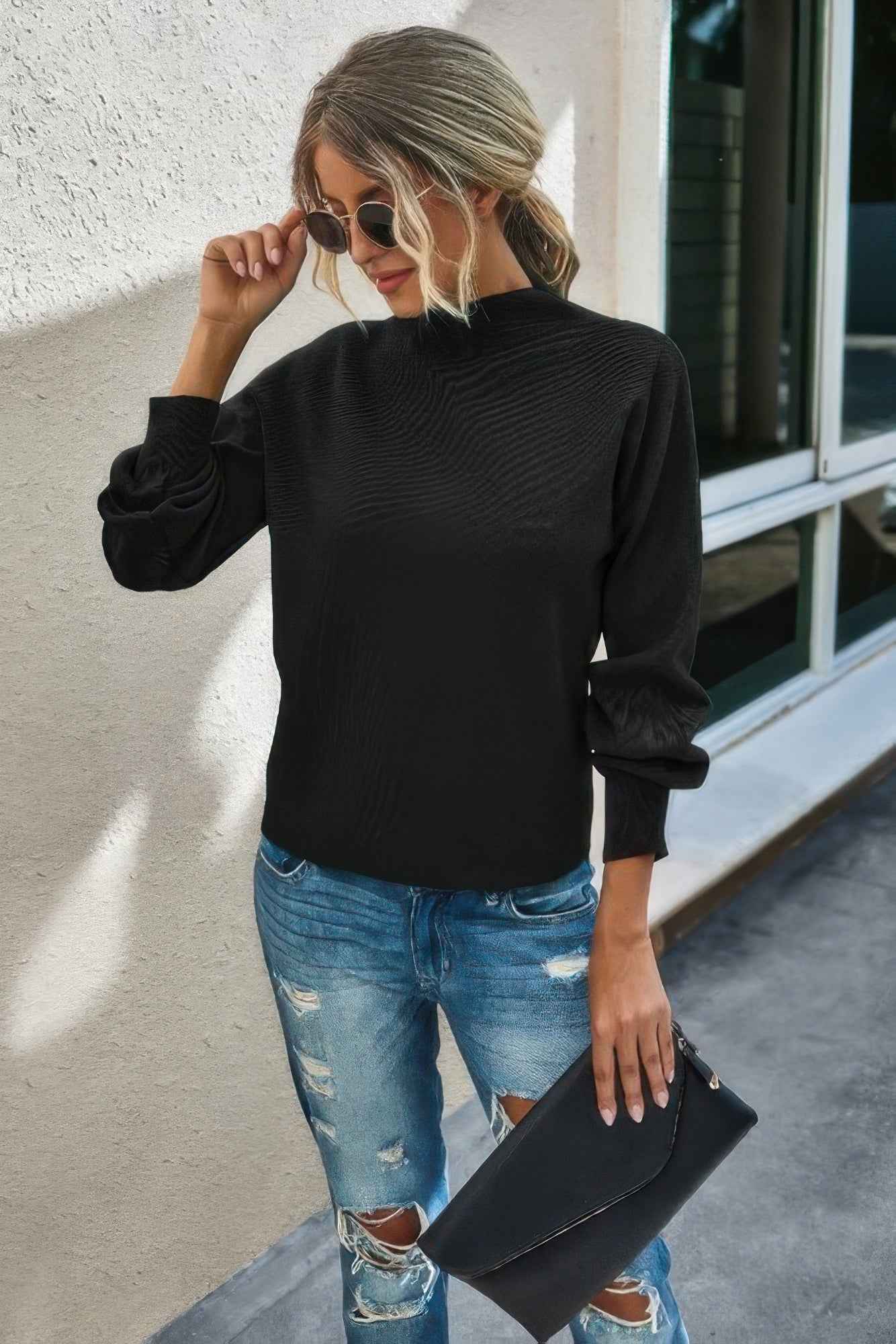 Drop Shoulder Solid Mock Neck Classic Knitted Sweater Drop Shoulder Solid Mock Neck Classic Knitted Sweater