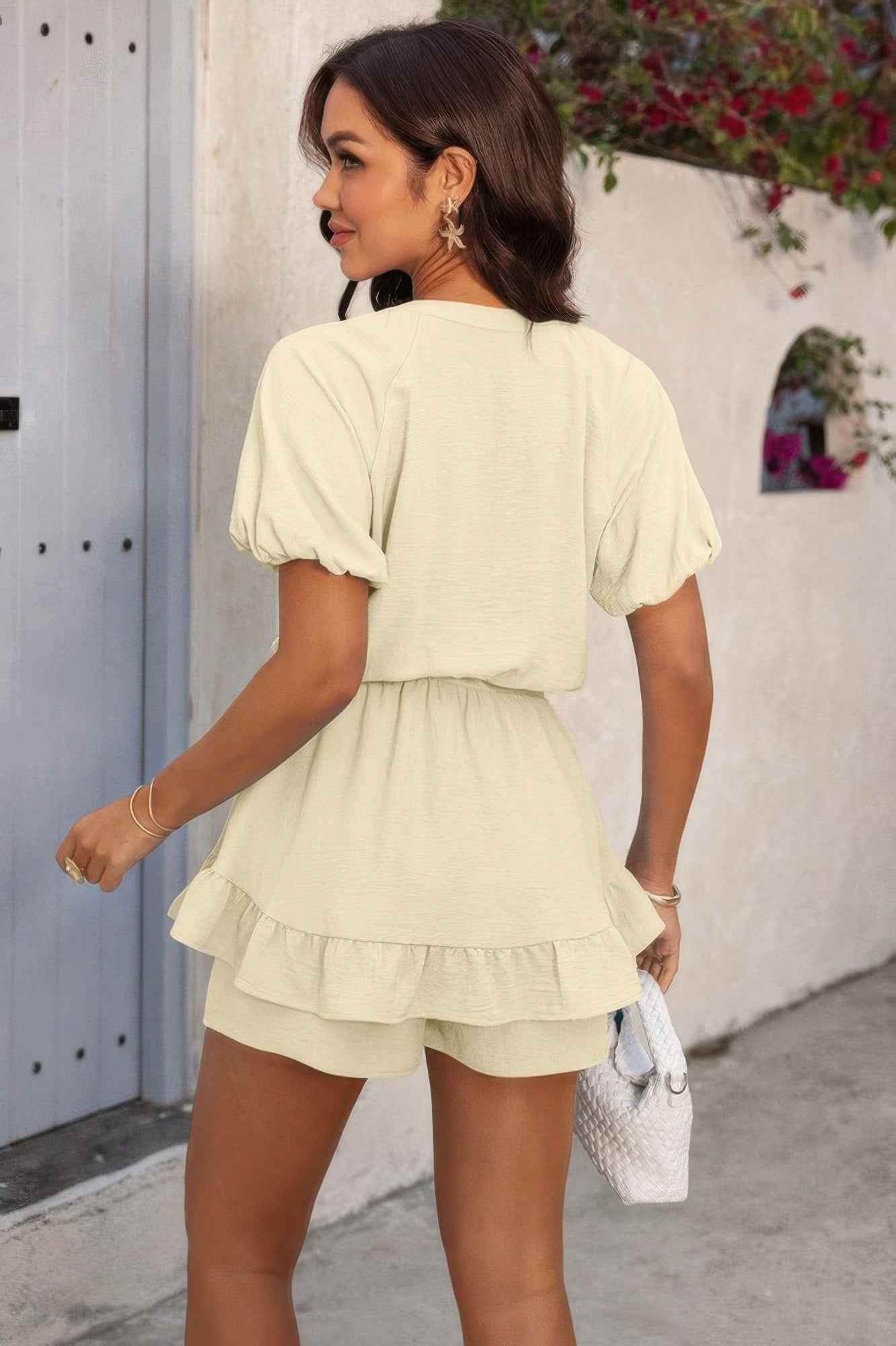 Solid V Neck Knot Puff Sleeves Ruffle Hem Romper Solid V Neck Knot Puff Sleeves Ruffle Hem Romper