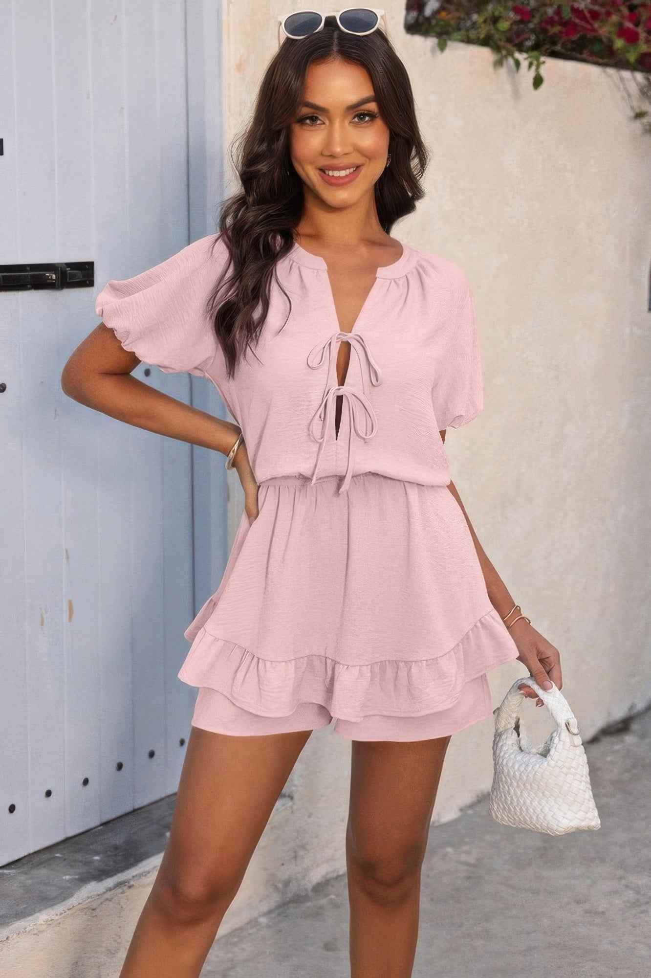 Solid V Neck Knot Puff Sleeves Ruffle Hem Romper Solid V Neck Knot Puff Sleeves Ruffle Hem Romper