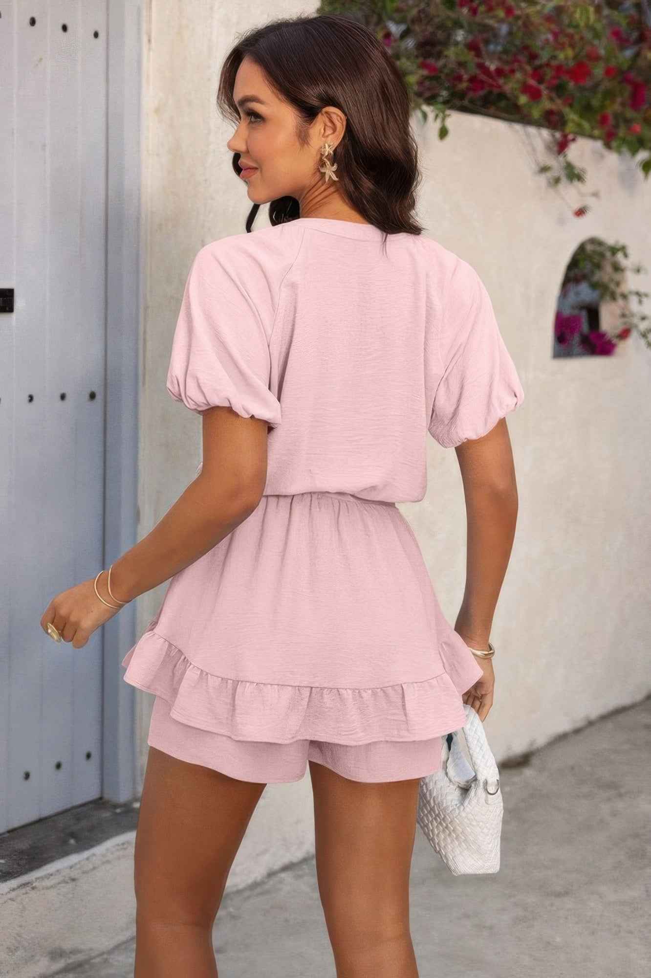 Solid V Neck Knot Puff Sleeves Ruffle Hem Romper Solid V Neck Knot Puff Sleeves Ruffle Hem Romper