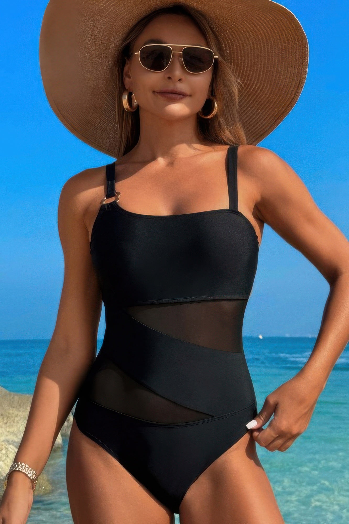 One Piece Color Block Lace High Cut Swimsuit product image