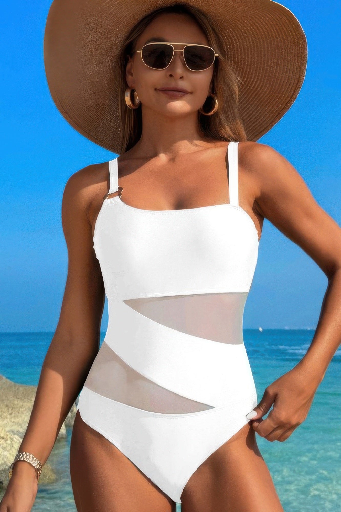 One Piece Color Block Lace High Cut Swimsuit product image