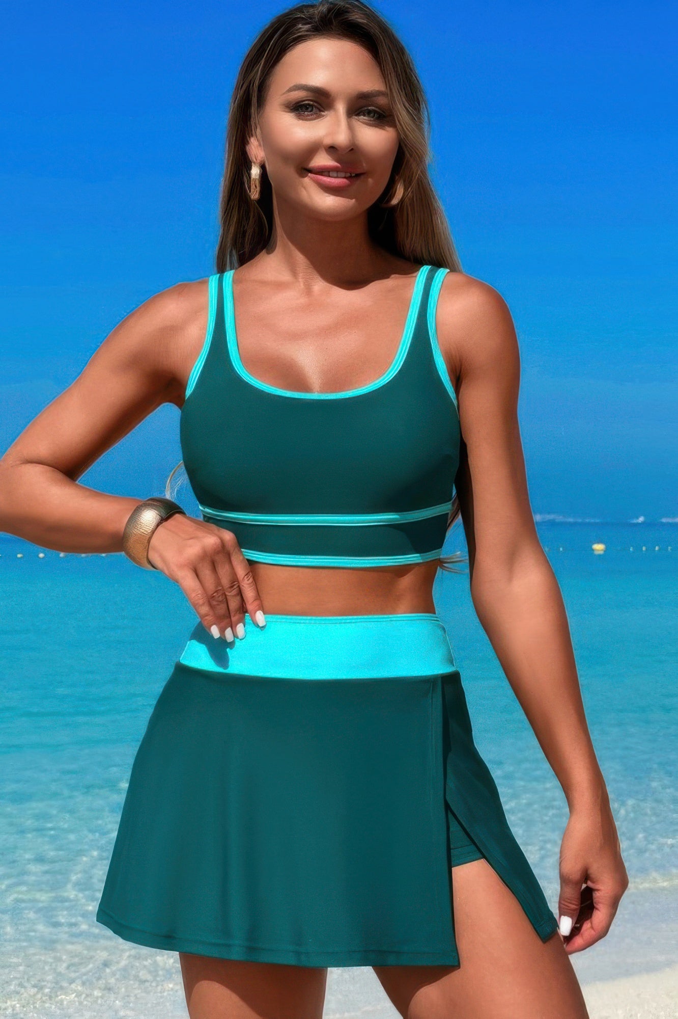 Color Block Two Pieces High Waisted Skirt Swimsuit product image