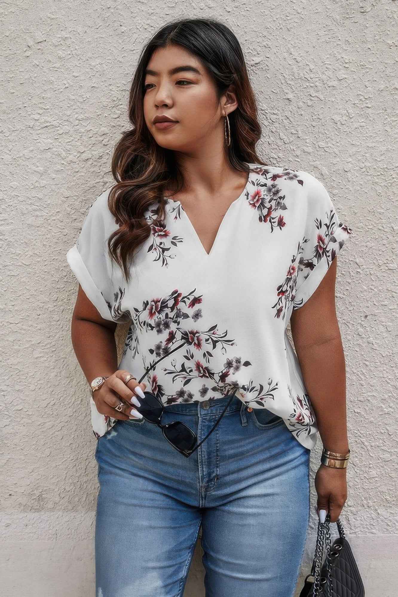 Plus Size Floral Print V Neck Loose Blouse Plus Size Floral Print V Neck Loose Blouse