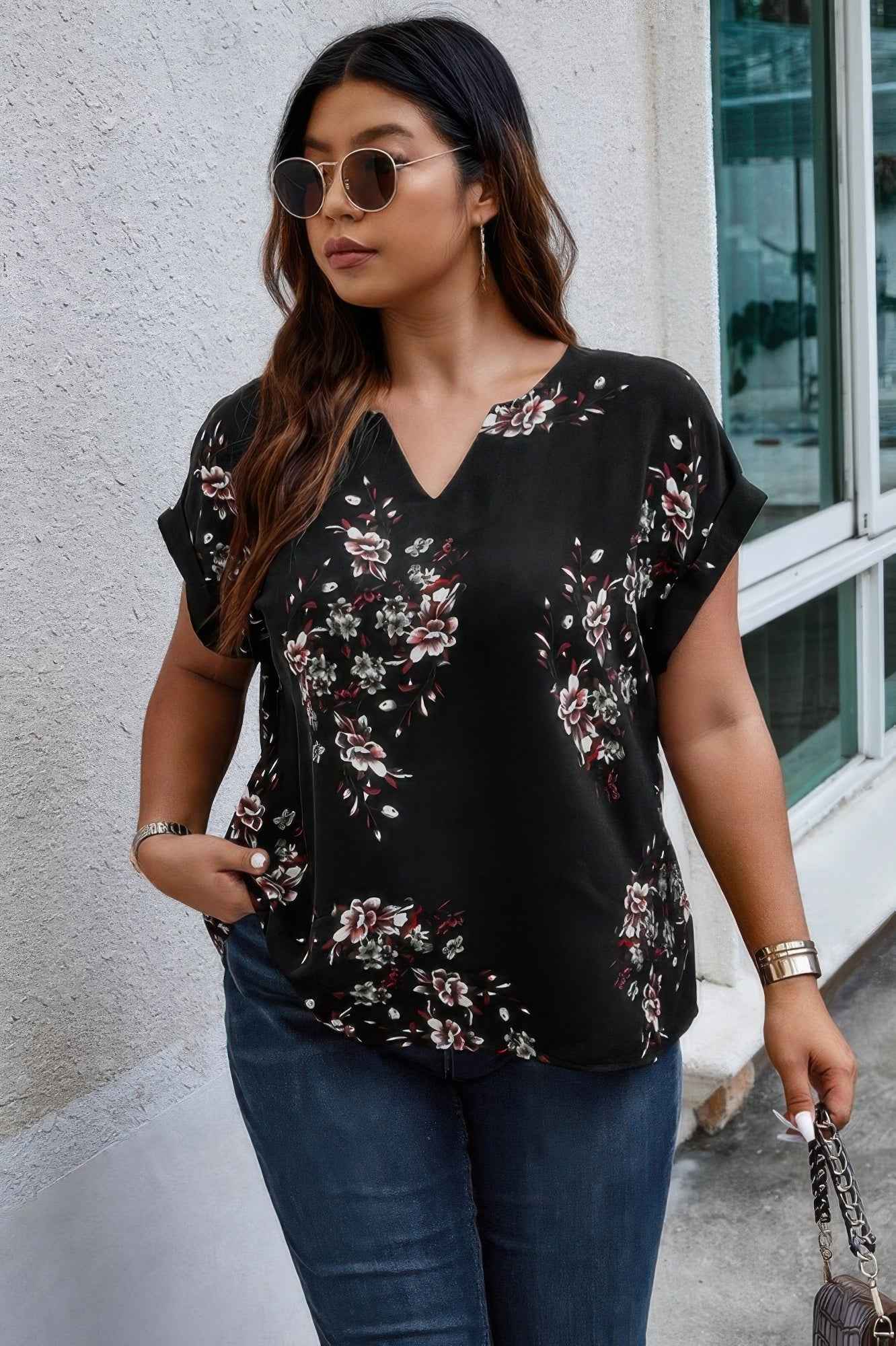 Plus Size Floral Print V Neck Loose Blouse Plus Size Floral Print V Neck Loose Blouse