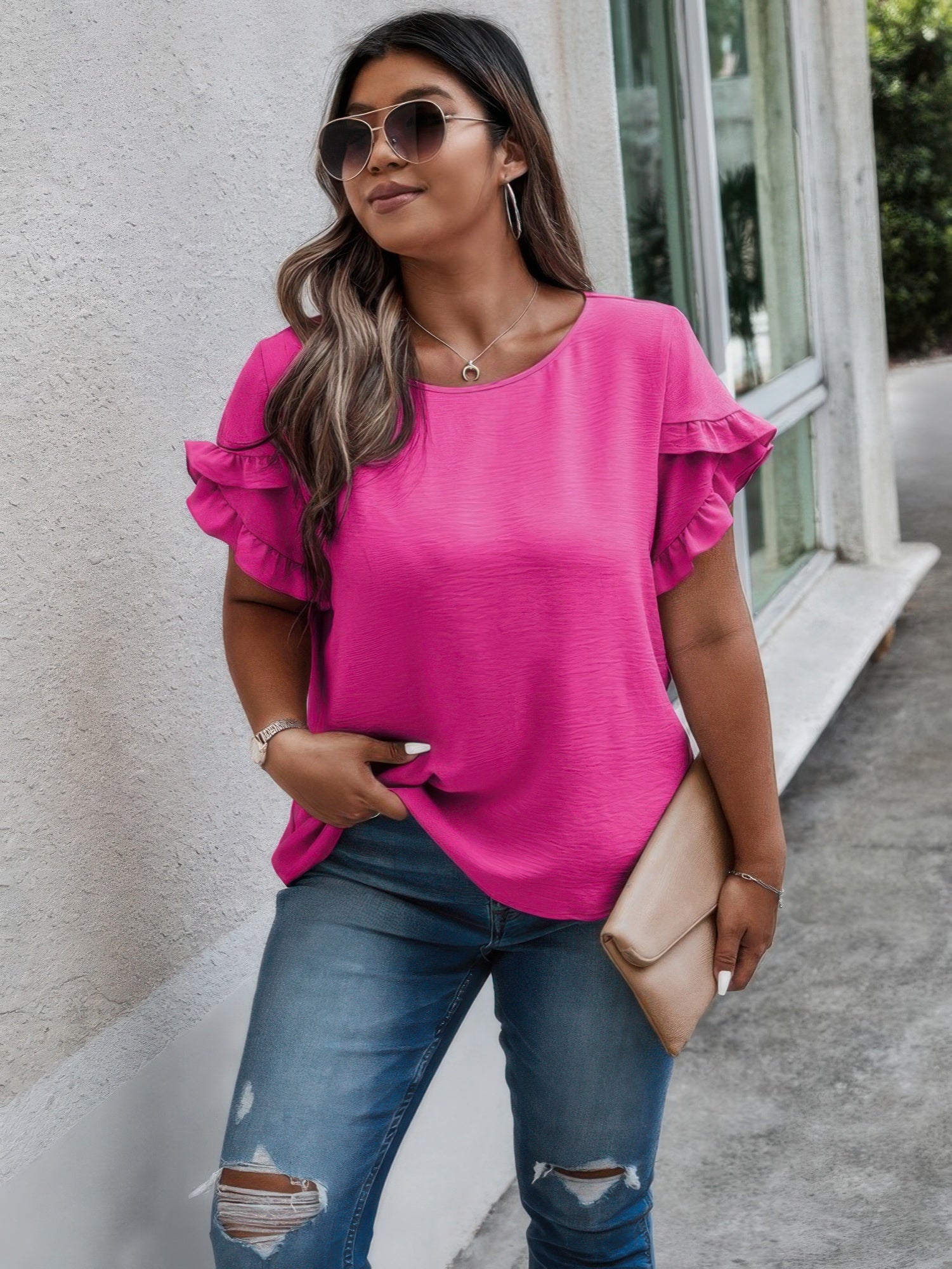 Plus Size Round Neck Ruffle Solid Loose Shirt product image