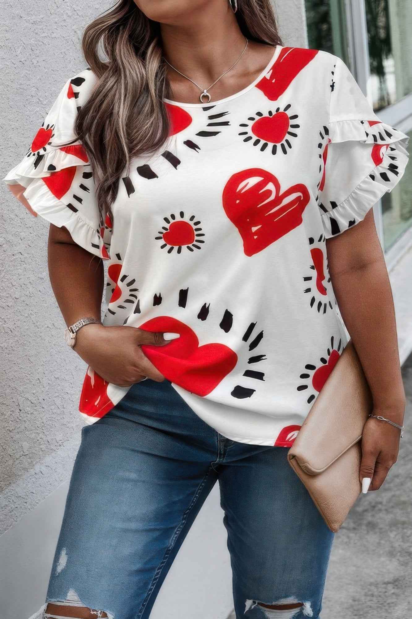 Plus Size Heart Print Ruffle Hem Sleeve Shirt Plus Size Heart Print Ruffle Hem Sleeve Shirt