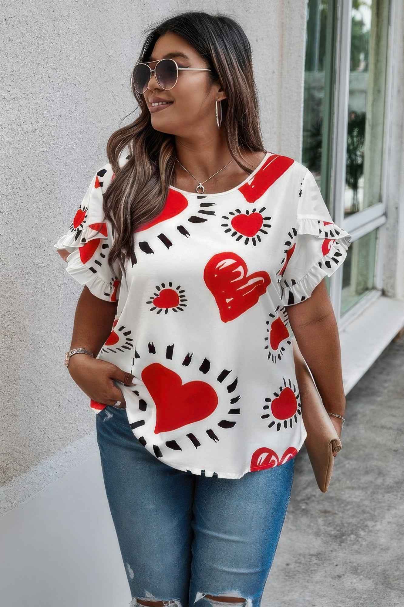 Plus Size Heart Print Ruffle Hem Sleeve Shirt Plus Size Heart Print Ruffle Hem Sleeve Shirt