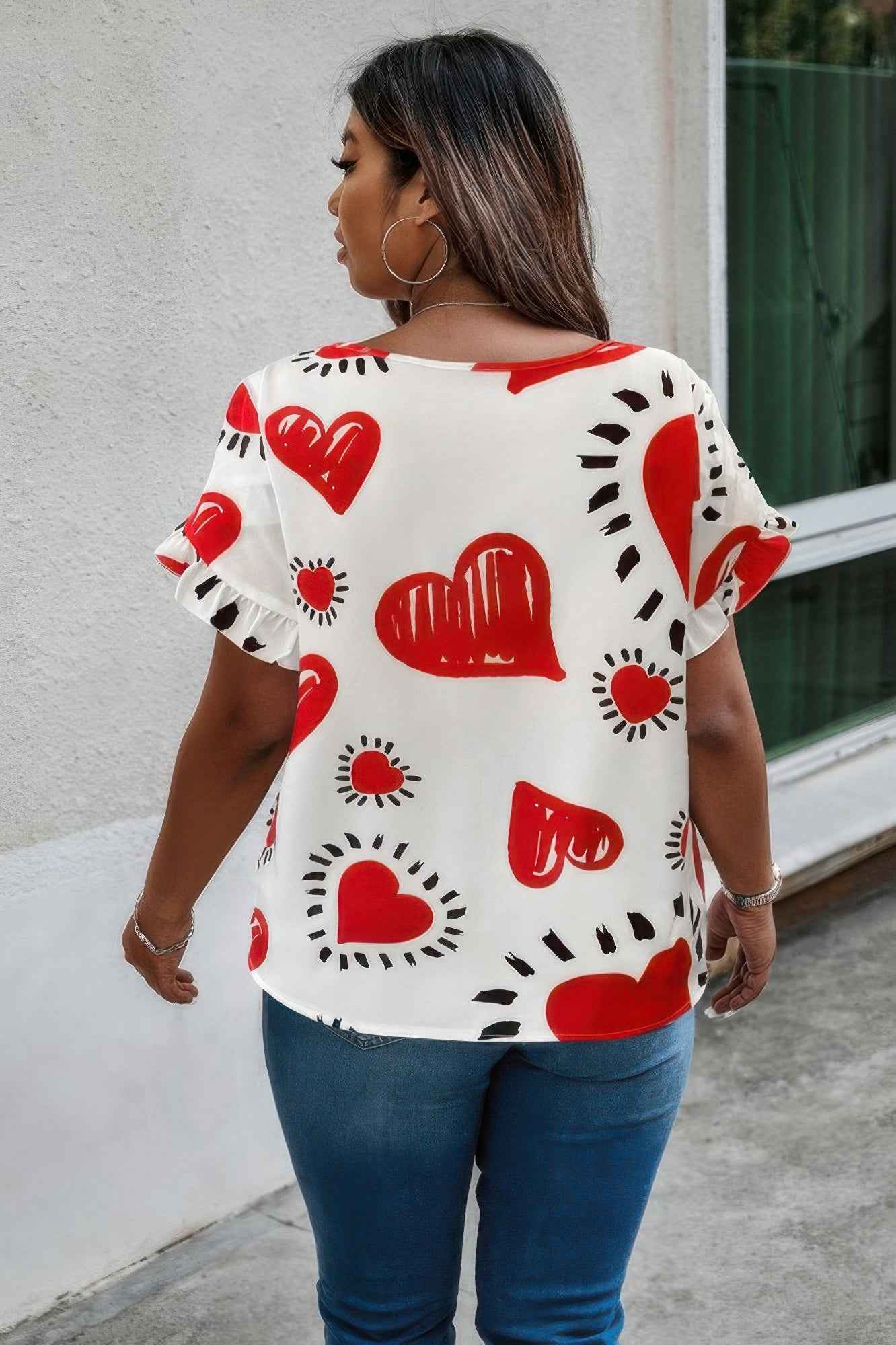 Plus Size Heart Print Ruffle Hem Sleeve Shirt Plus Size Heart Print Ruffle Hem Sleeve Shirt