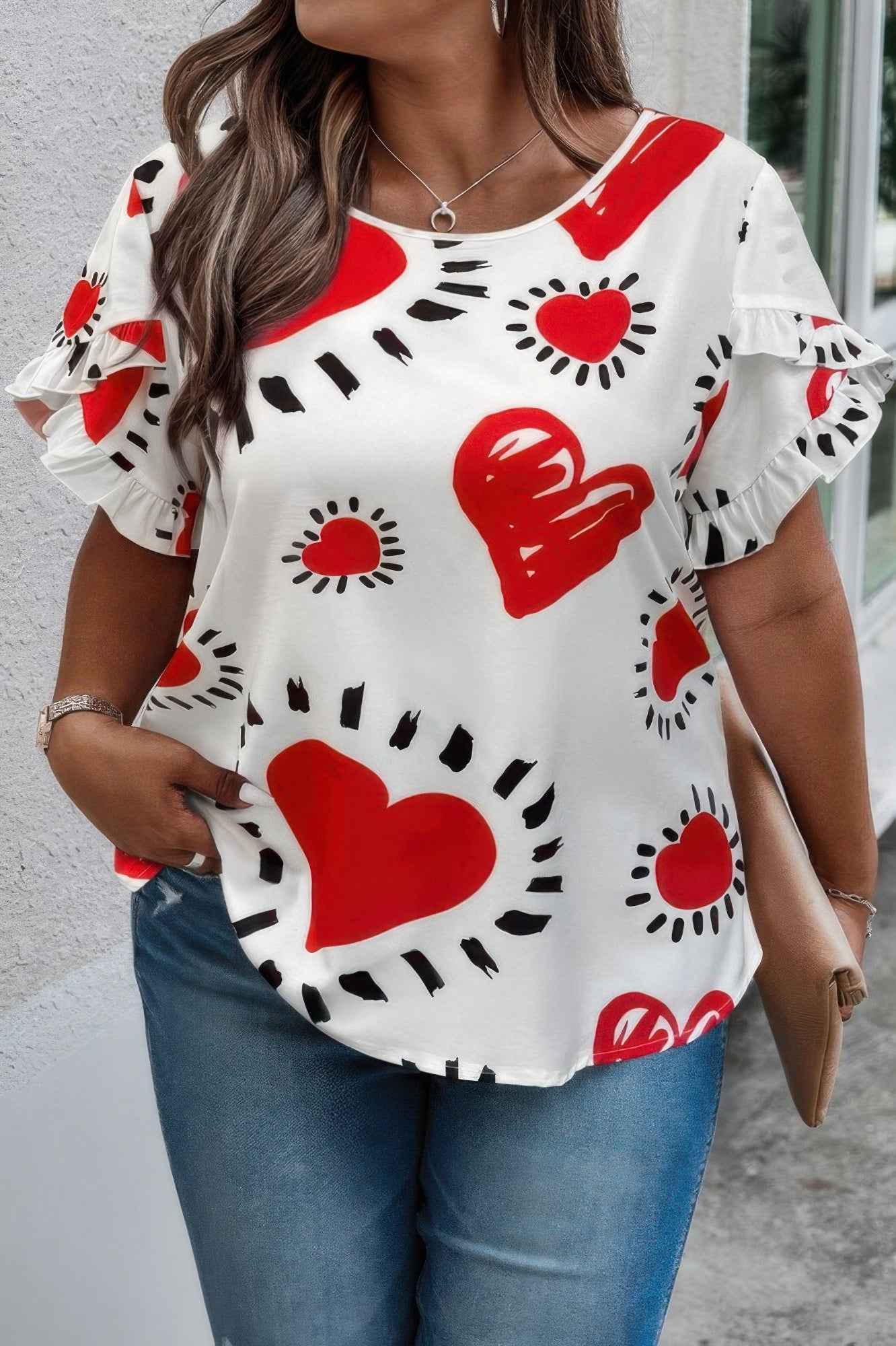 Plus Size Heart Print Ruffle Hem Sleeve Shirt Plus Size Heart Print Ruffle Hem Sleeve Shirt