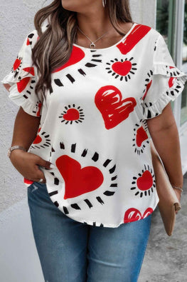 Plus Size Heart Print Ruffle Hem Sleeve Shirt