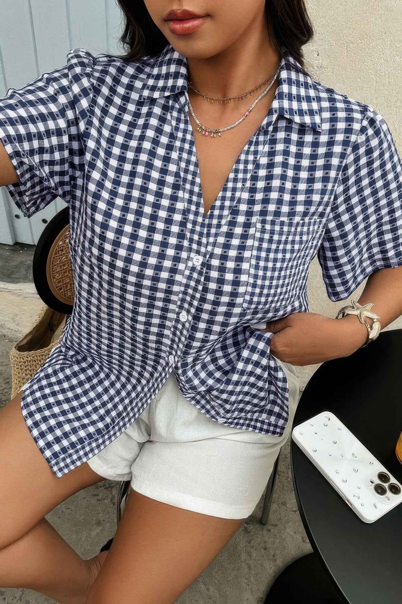 Plus Size Plaid Pocket Short Sleeve Loose Blouse Plus Size Plaid Pocket Short Sleeve Loose Blouse